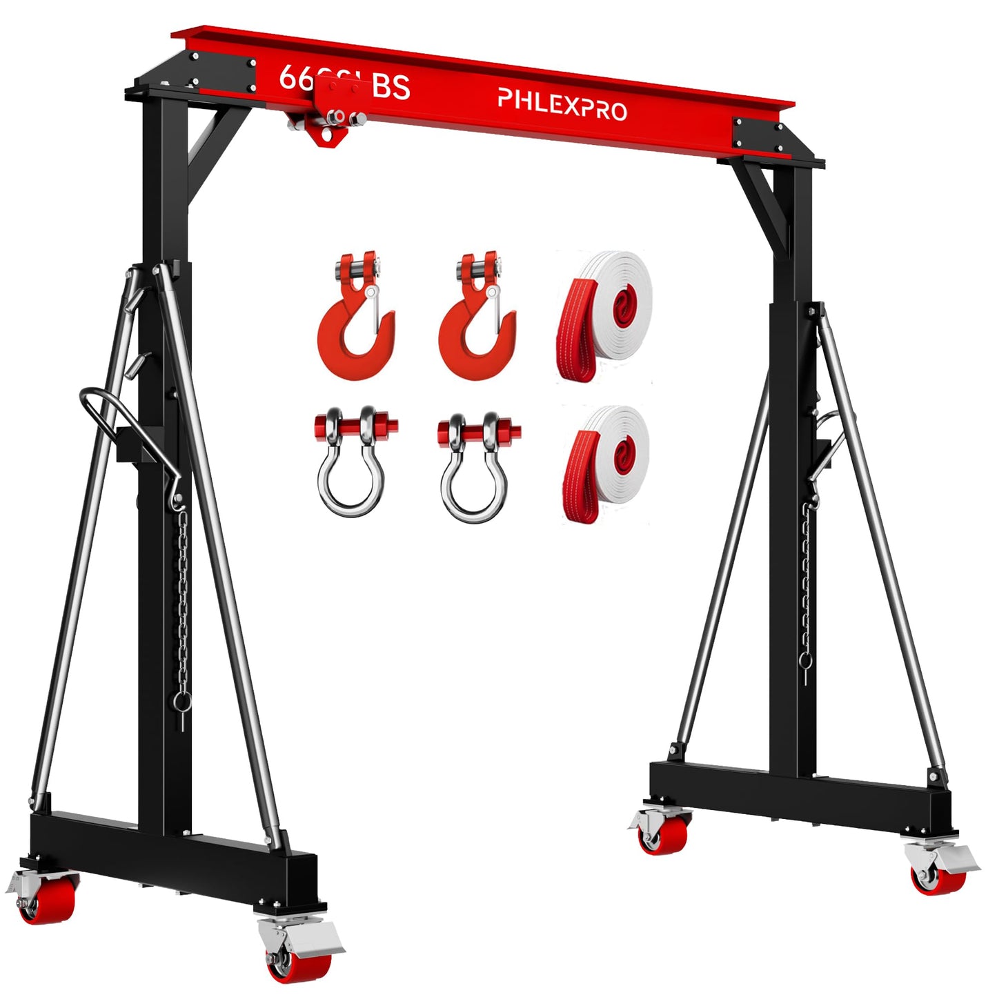 3 Ton Gantry Crane, 6600LBS Capacity, Adjustable Height 8.53 to 12.47ft with Triangle Base, Portable I-Beam Hoist for Factory, Warehouse, Auto Repair & Construction, Red