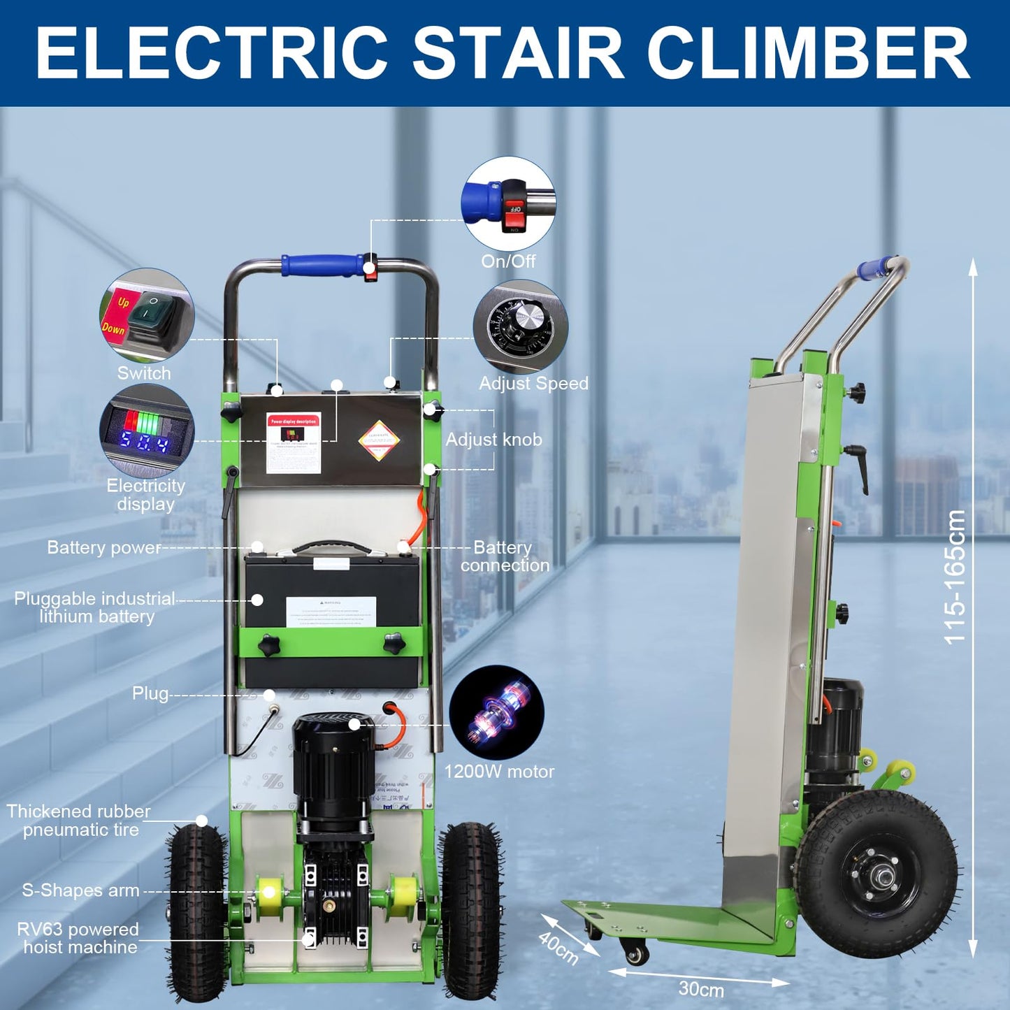 W-JIAJIEBTH 20Ah Electric Stair Climbing Hand Trucks Dolly Cart for Moving, 880lb Max Capacity Heavy Duty Stair Climber Furniture Dolly with Folding Handle & Solid Wheel