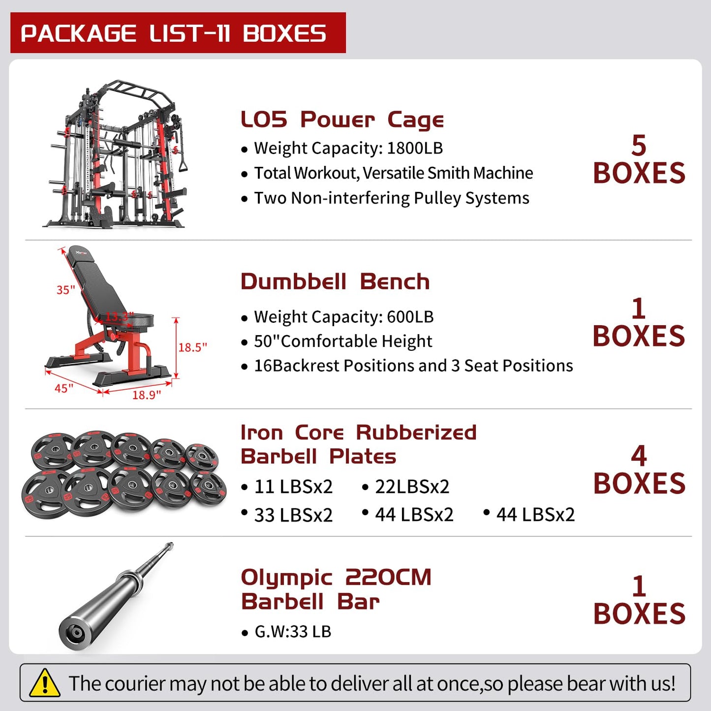 XGSW XINGESIWR Multi-Purpose Squat Rack,Smith Machine Weight Rack Set with Cable Crossover System, Home Gym Power Racks, Power Racks and Packages (L05, Power cage Red+Bench+(Pole+Cast lron) 338LBS)
