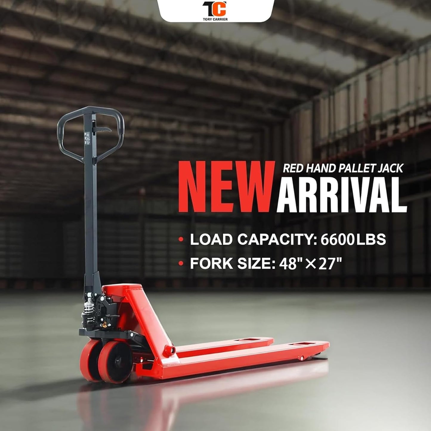Tory Carrier Pallet Jack Hand Truck Manual Pallet Jacks 6600-Lb. Capacity 27 x 48 Forks Standard Duty, Rubber Handle, PU Wheels