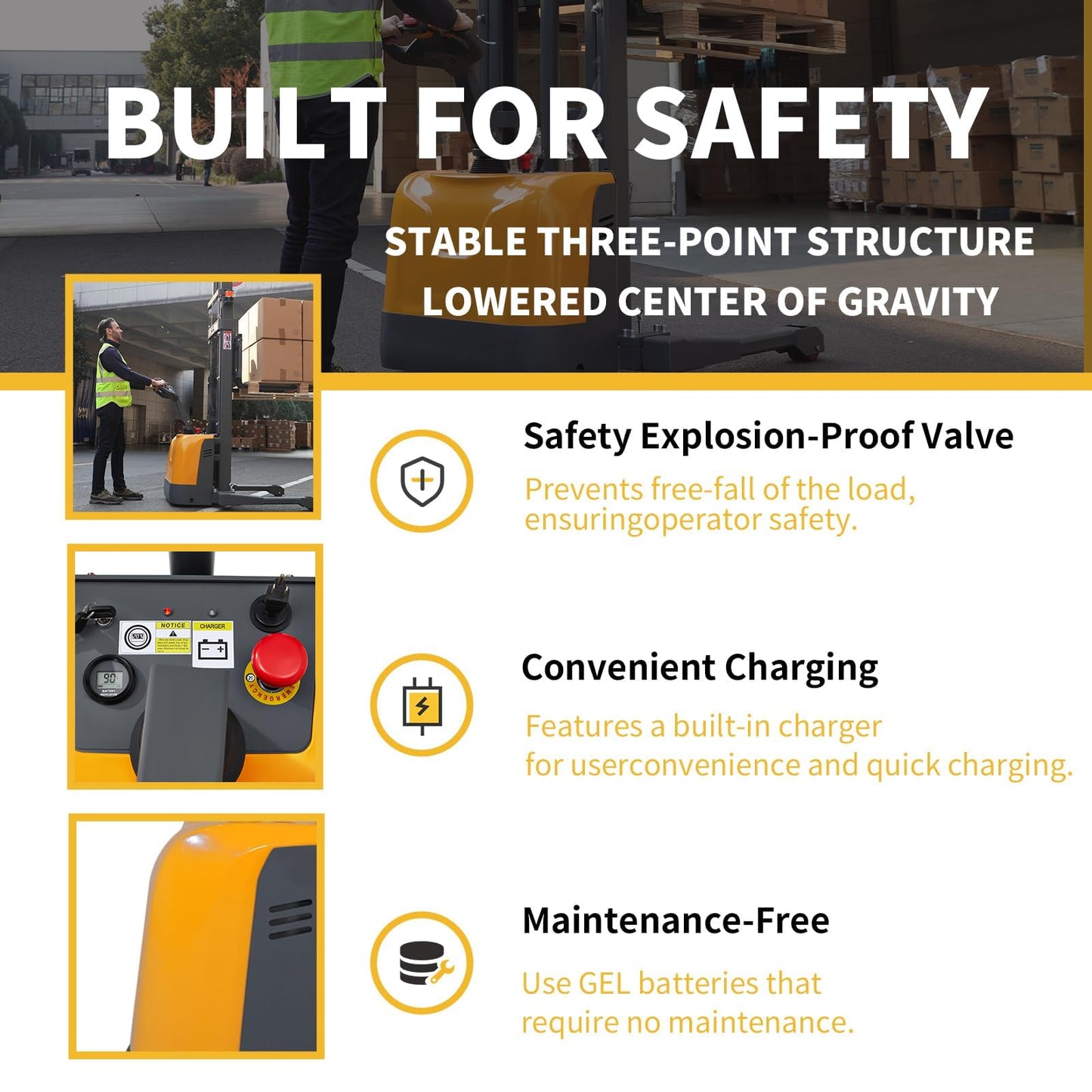 Full Electric Pallet Stacker, Heavy-Duty Forklifts with Straddle Leg and Adjustable Forks for Efficient Warehouse Operations, Pallet Lifts Stackers with Built-in Charger
