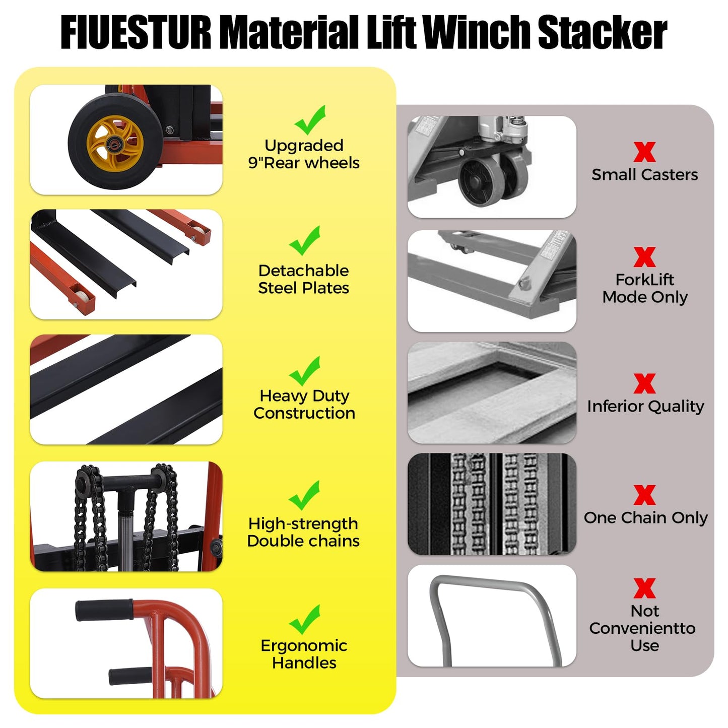 Hydraulic Material Lift Pallet Truck 577 lbs Manual Winch Stacker 35.43" Max Lift Height, Lift Table Cart with 9" Casters