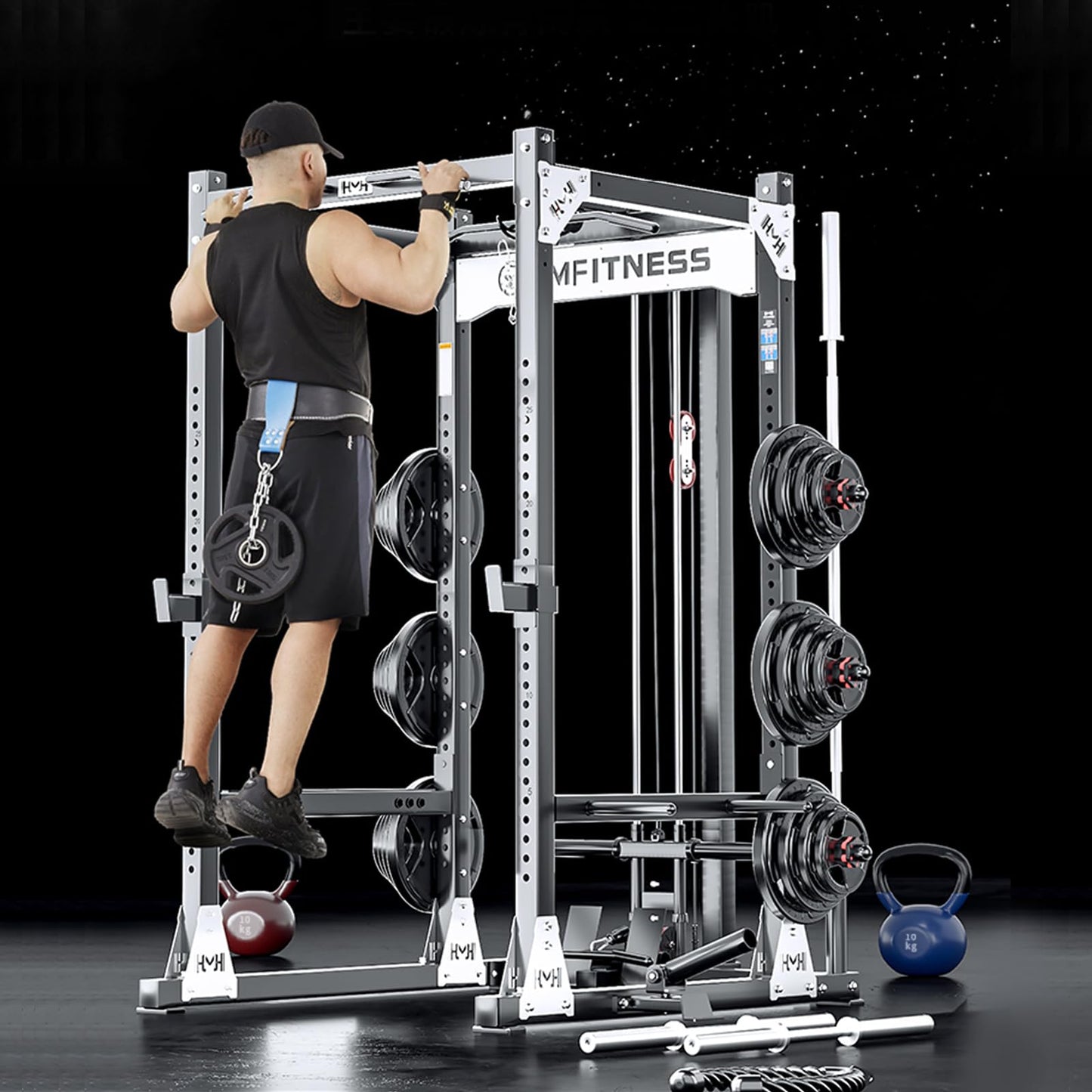 JZOPIDL X9 Power Cage with Adjustable Bench/Olympic Barbell/Cable Crossover/Smith Machine System, 3500LB Squat Rack for Home & Garage Gym, with Weight Storage Rack and Training Attachments
