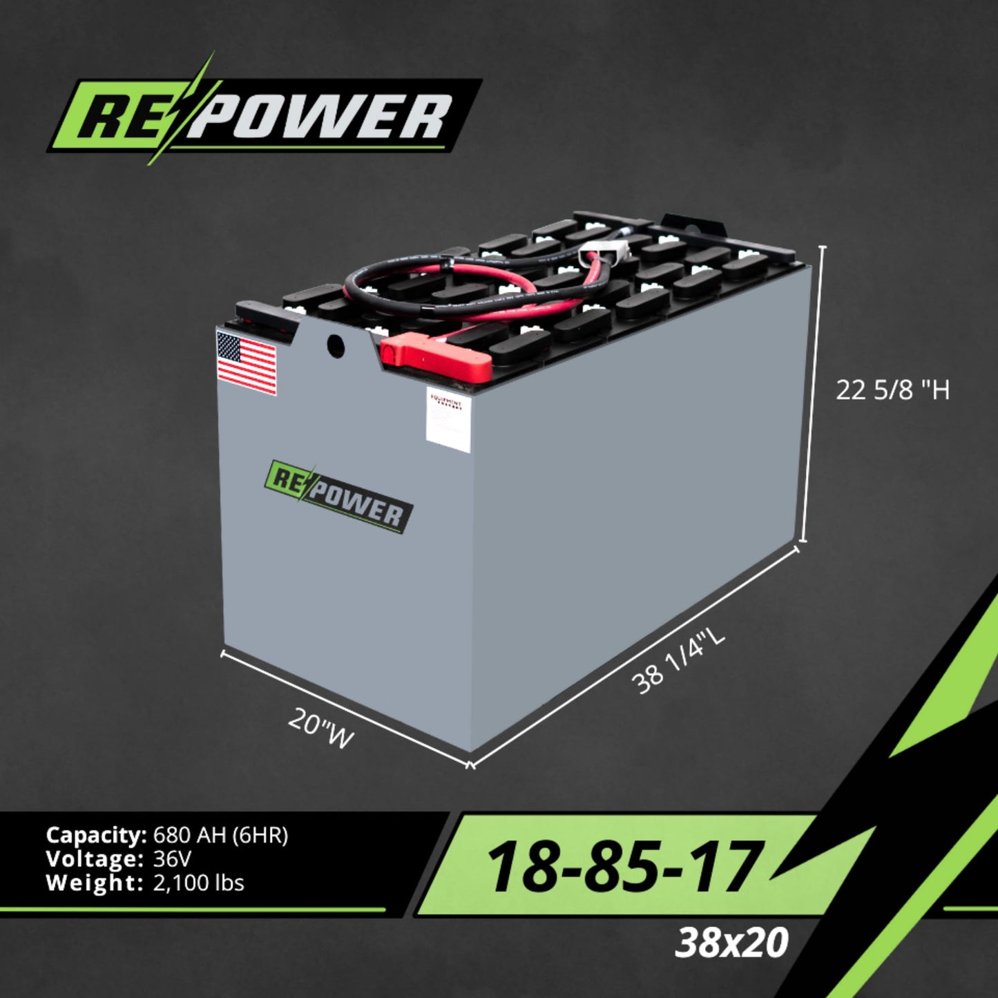 Repower - 36V Forklift Battery - Reconditioned Lead Acid for Electric Forklifts - Heavy Duty Industrial Power - 18-85-17 Series 38x20 - Warehouse Equipment - Compatible with Systems