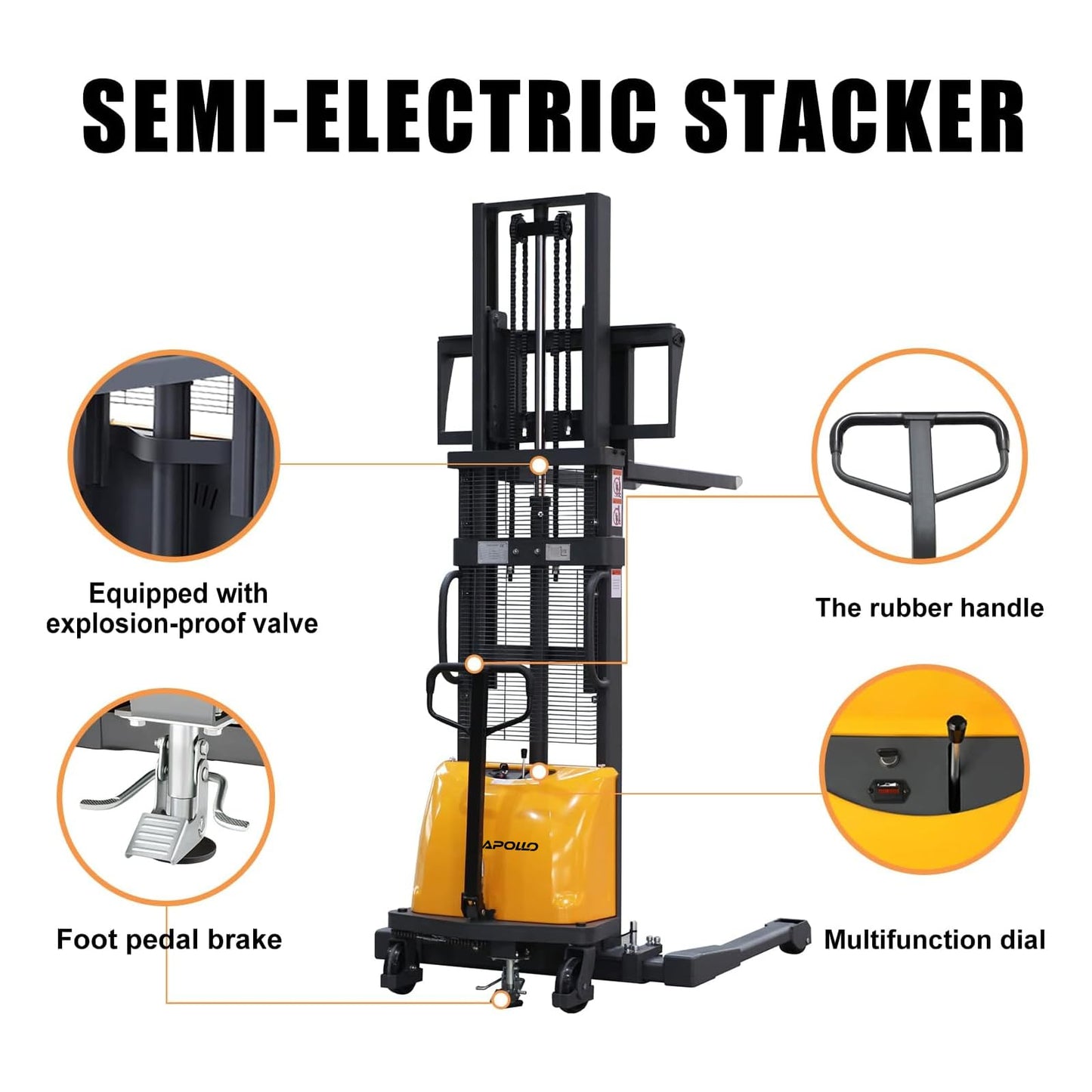 APOLLO Semi Electric Pallet Stacker Economy Hand Pallet Lift Stacker Forklift with Straddle Legs 3300lbs Capactiy 98" Lifting Height