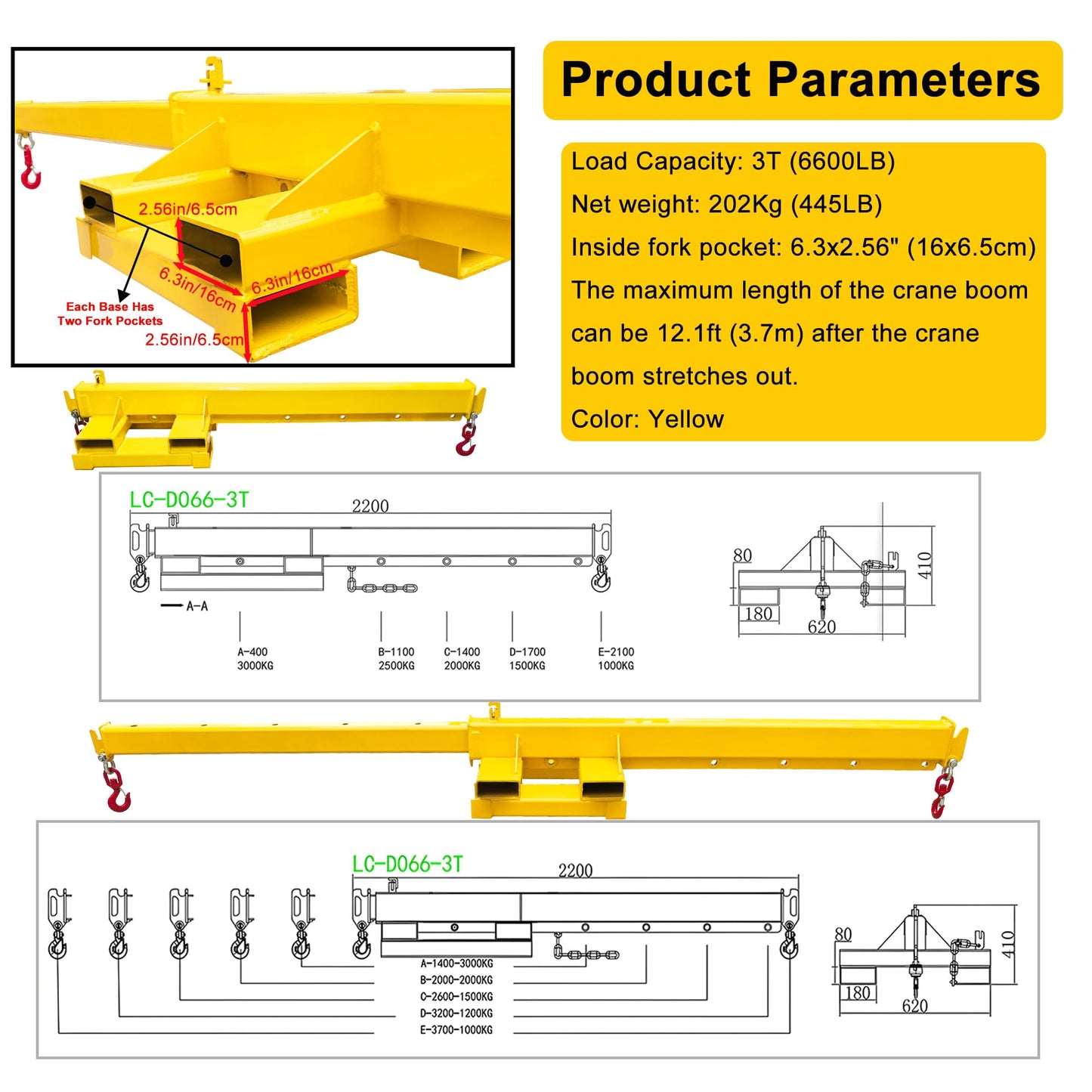 HayWHNKN 3T Forklift Jib Boom Hoist 12.1FT Bidirectional Telescopic Mobile Crane Attachment with 2 Bases, 2 Hooks, 6.3x2.56'' Socket, Lifting Towing Handling for Warehouse & Construction Material