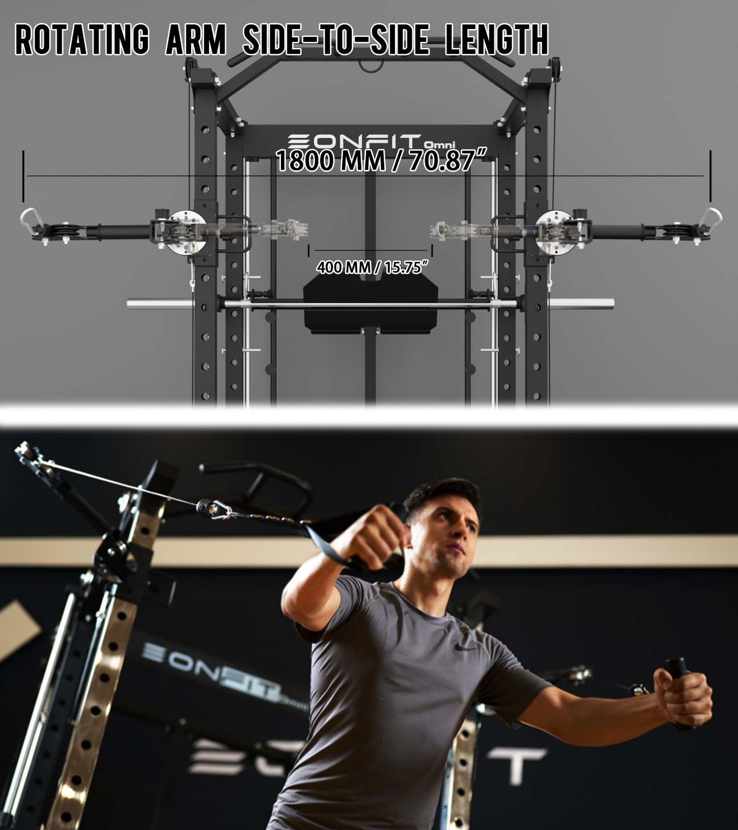 EonfitOmni Eonfit E5 Smith Machine with Vertical Leg Press, Power Cage Squat Rack with LAT-Pull Down Cable Crossover Rotating Arms System Home Gym Equipment All in One (Black, PRO)