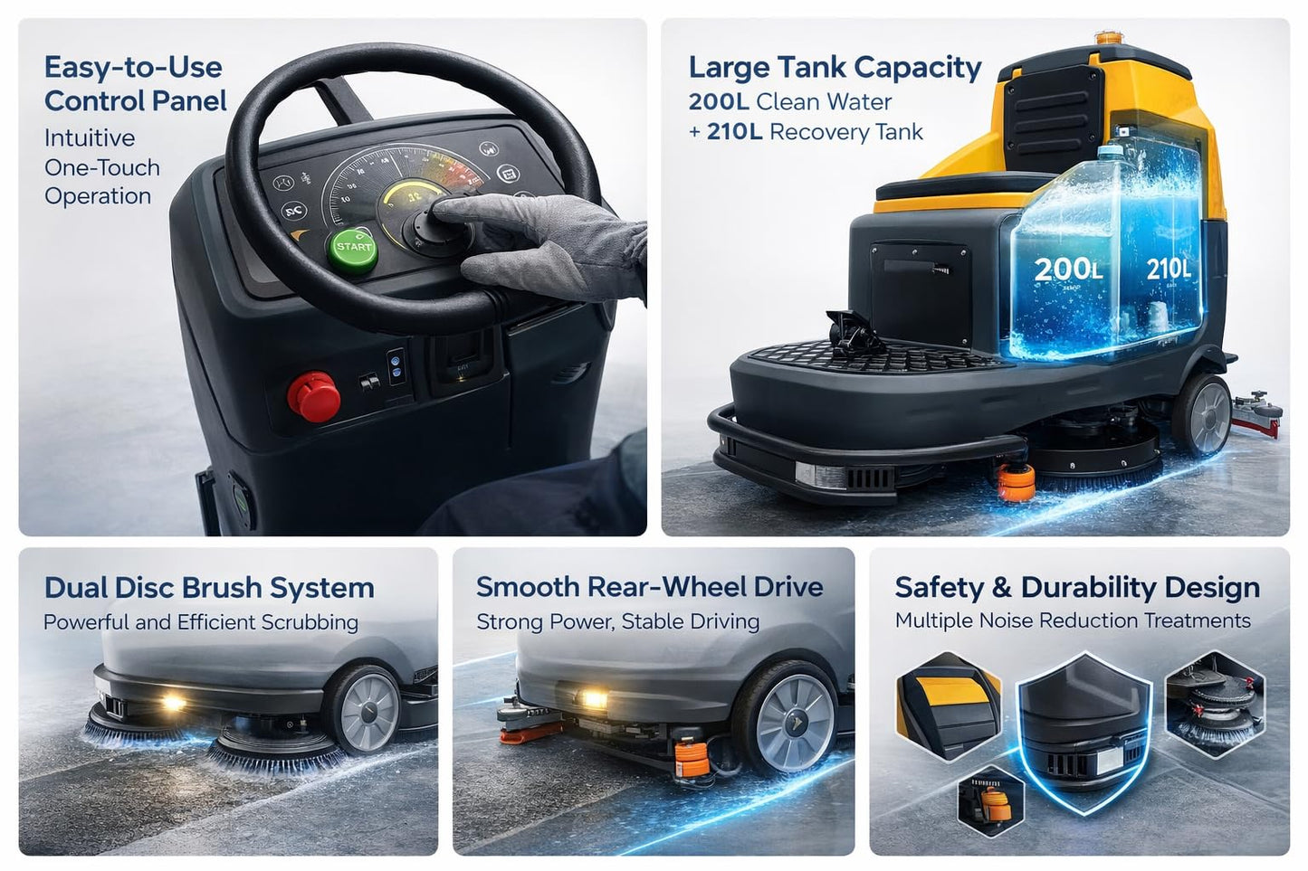 Ride-On Floor Scrubber, 45” Commercial Auto Scrubber Machine, 70000 Sqft/h Cleaning Efficiency, Dual Disc Brush, 53 Gallon Water Tank, Floor Cleaning Machine for Warehouse, Mall, Industrial Use