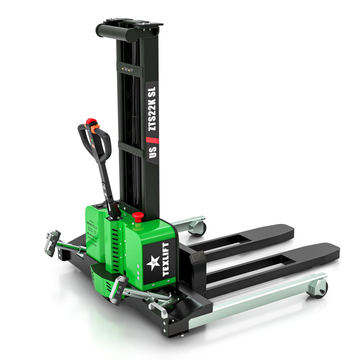 Full Electric Self-Loading Pallet Stacker - 2200 Lbs Capacity Walkie Forklift with 51 Inch Lift Height, Lifting Truck Cargo with Fixed Straddle Legs and Adjustable 46 Inch Forks - (US-ZTS22K-SL)