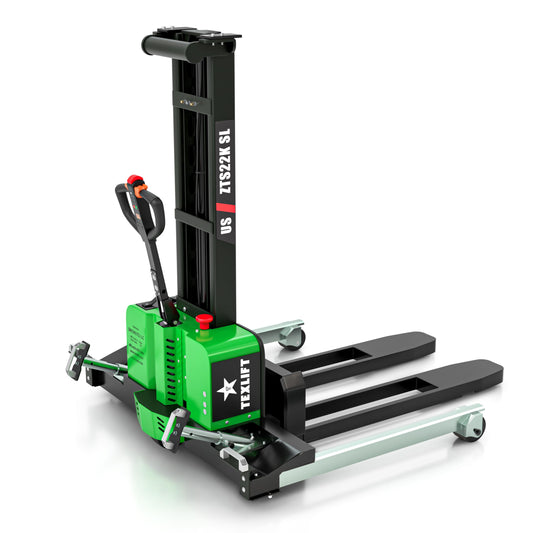 Full Electric Self-Loading Pallet Stacker - 2200 Lbs Capacity Walkie Forklift with 51 Inch Lift Height, Lifting Truck Cargo with Fixed Straddle Legs and Adjustable 46 Inch Forks - (US-ZTS22K-SL)
