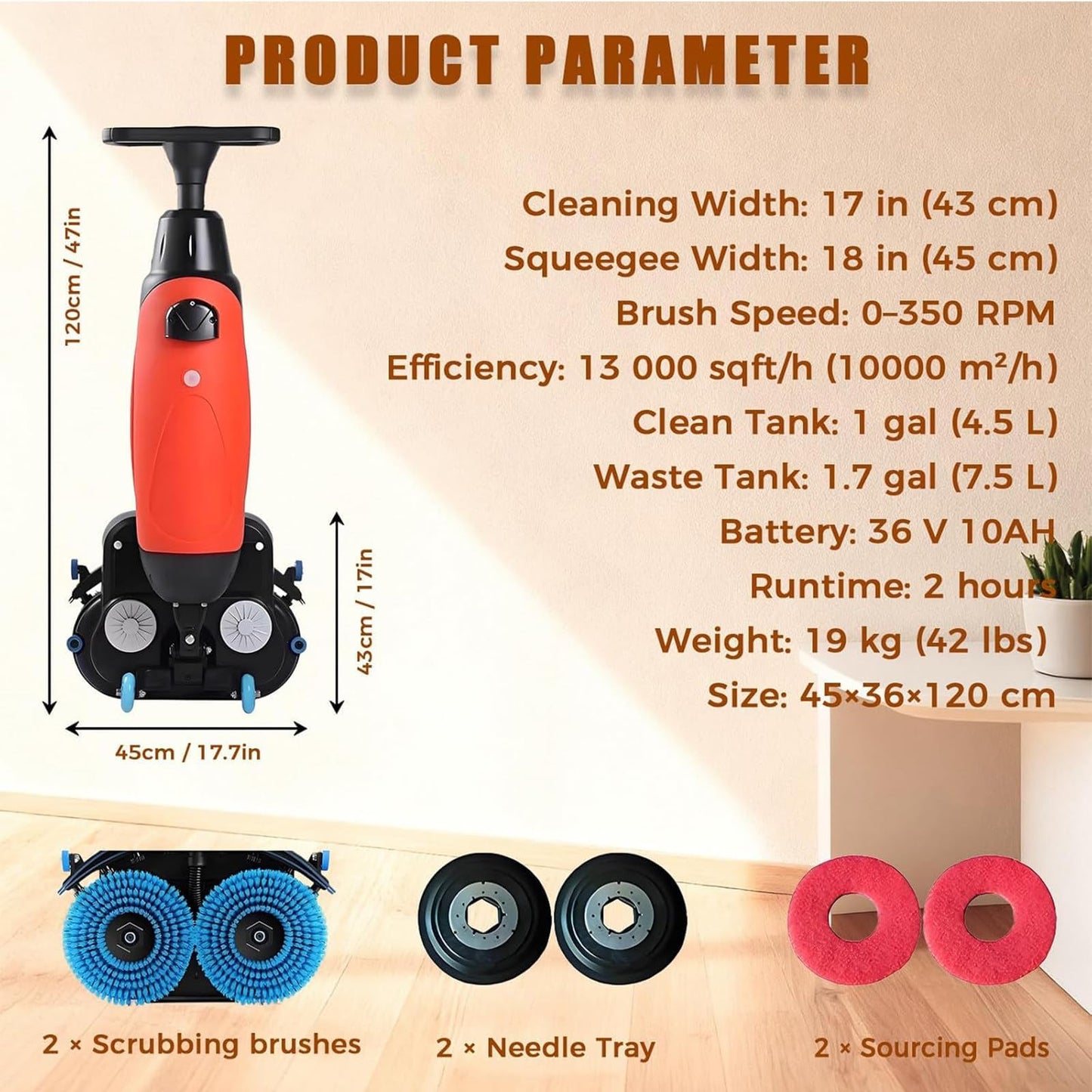 TDSYOCG Commercial Floor Scrubber & Floor Polisher Machine, 17" Cordless Electric Mop, Walk Behind Floors Scrubber with Brushes, Professional Floors Buffer Polisher for Concrete, Tile and Hardwood