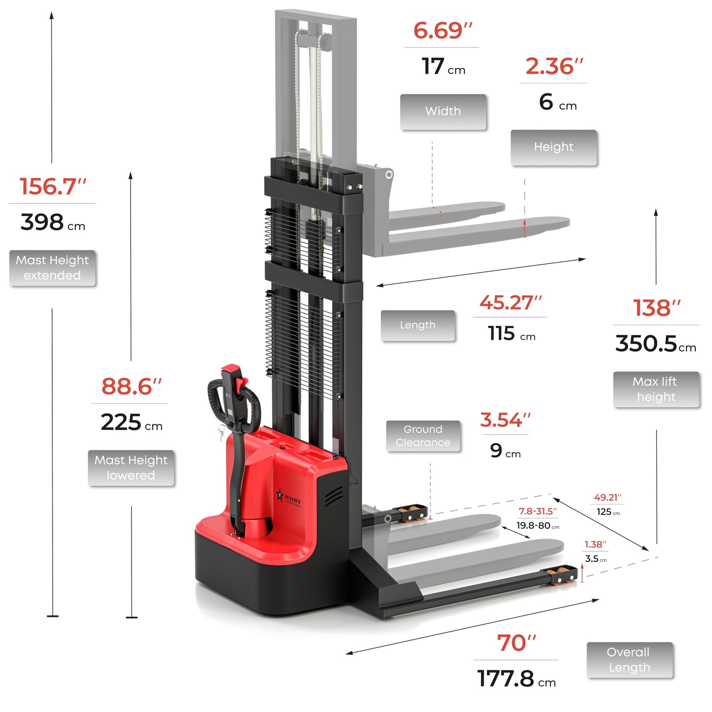 TEXLIFT Full Electric Forklift Walkie Pallet Stacker 3300 Lb Capacity 138 Inch Lifting Height and Full Electric Power Pallet Jack 3300 Lb Capacity 48” L x 27” W Fork Size