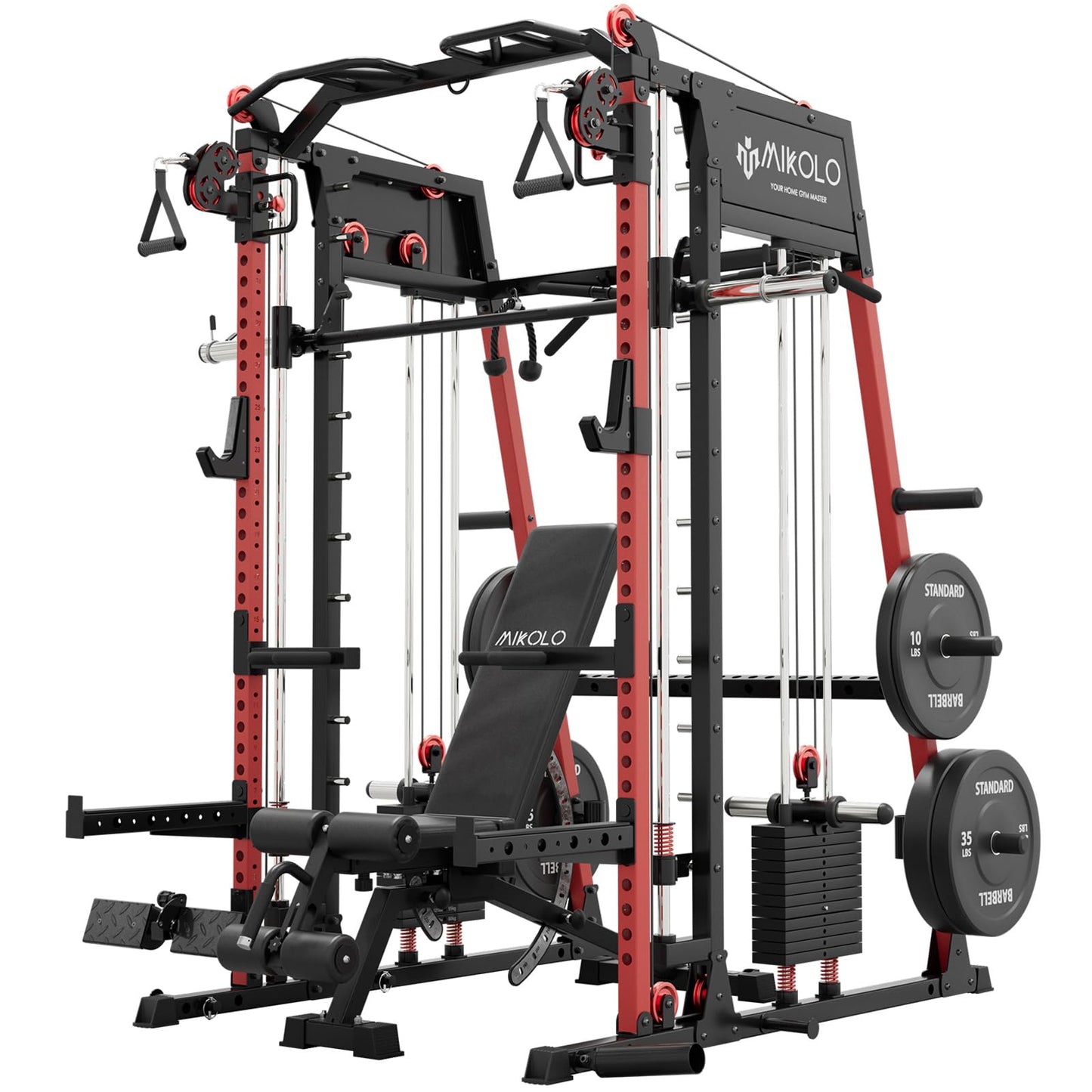 Mikolo M4 2.0 Elite Smith Machine with 230 lbs Bumper Weight Plates, Multi-Function Squat Rack with LAT-Pull Down System & Cable Crossover Machine, Home Gym Equipment, Red