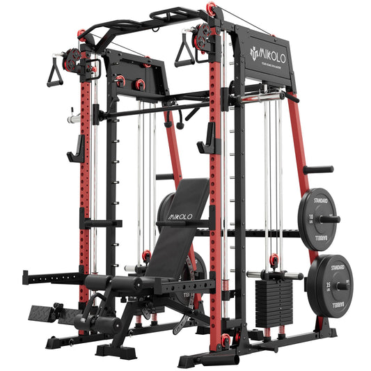 Mikolo M4 2.0 Elite Smith Machine with 230 lbs Bumper Weight Plates, Multi-Function Squat Rack with LAT-Pull Down System & Cable Crossover Machine, Home Gym Equipment, Red
