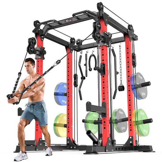 Power Rack Power Cage Multi-Function Squat Rack with Cable Crossover System Selectable More Training Attachment Power Rack for Garage & Home Gym (Red, A Set L02 Power Cage)