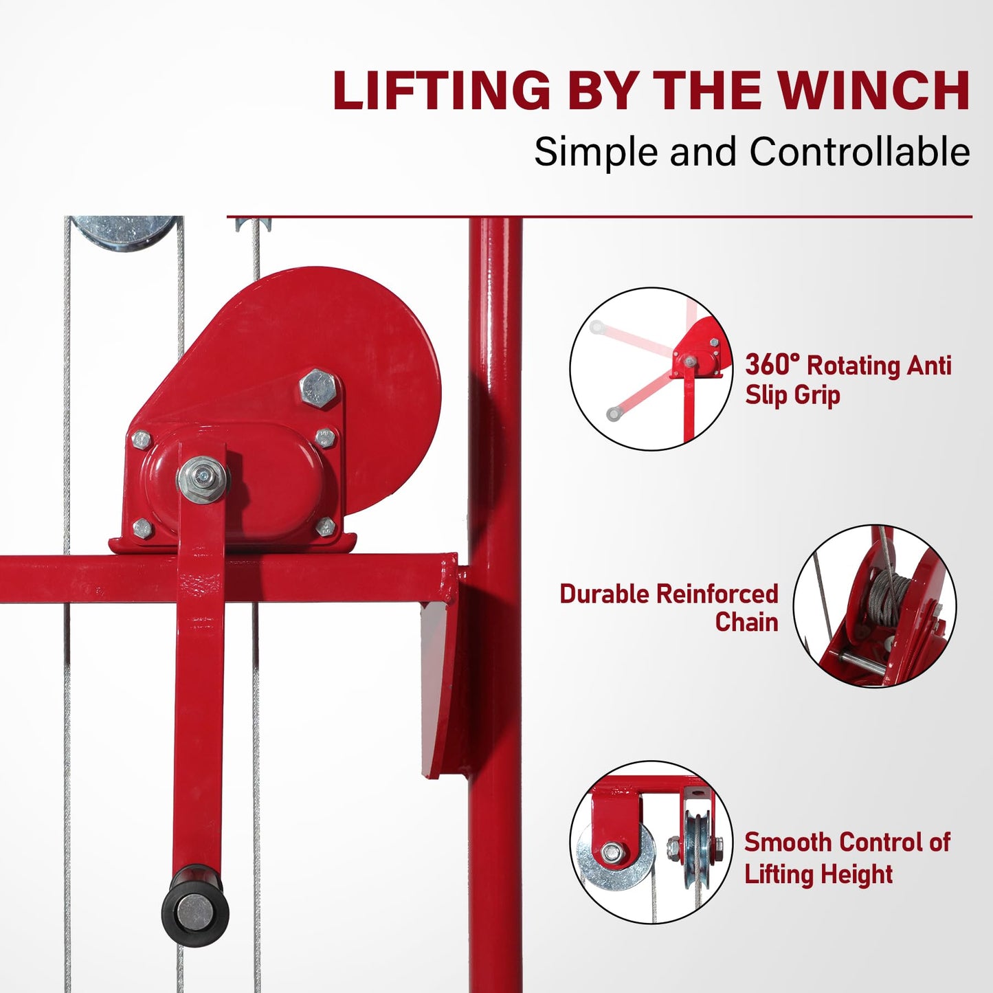 Material Lift Winch Stacker, 440 lbs Capacity Table Cart, 35.4" Lifting Height Manual Forklift Stacker, Pallet Jack Truck Dolly with Swivel Casters and Lift Plate (Red)