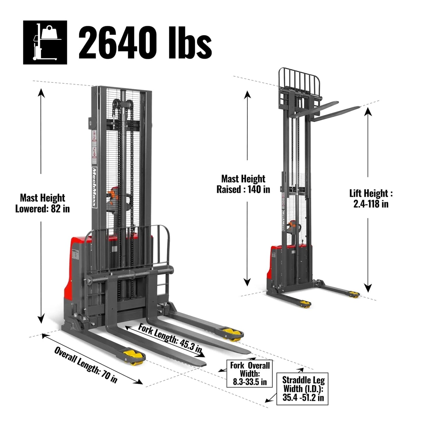 MechMaxx 2640lbs Lithium-ion Electric Straddle Stacker, 118" Lift, Adjustable Legs & Forks, Model F26-118S