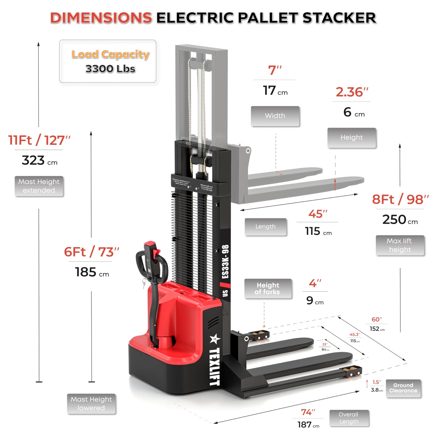 TEXLIFT Full Electric Forklift Walkie Pallet Stacker with Fixed Straddle Legs and Adjustable Forks 5.50 Inch to 27 Inch – Material Lifter 3300lbs Capacity 8 Ft/98 Inch Lifting Heights - (US-ES33K-98)