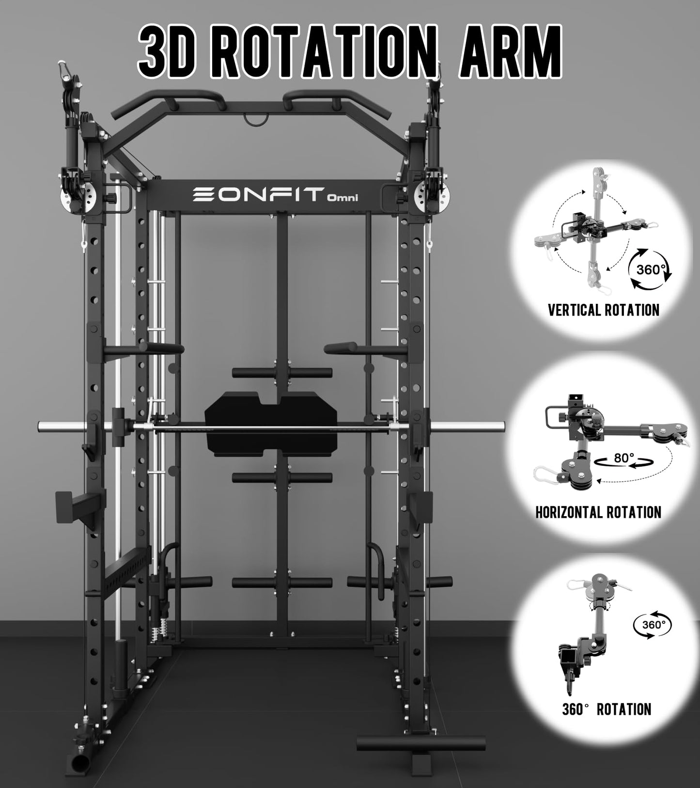 EonfitOmni Eonfit E5 Smith Machine with Vertical Leg Press, Power Cage Squat Rack with LAT-Pull Down Cable Crossover Rotating Arms System Home Gym Equipment All in One (Black, PRO)