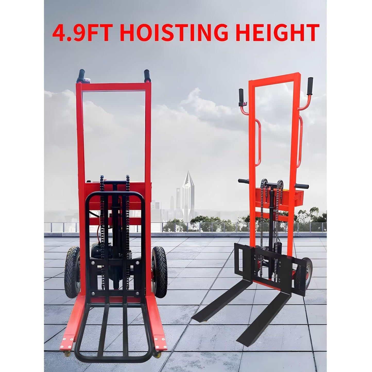 660LBS Load Capacity Fully Electric Material Lift, 4.9FT Height Lift Electric Hydraulic Pallet Stacker, Portable Electric Drive Fork Lift Truck Dolly