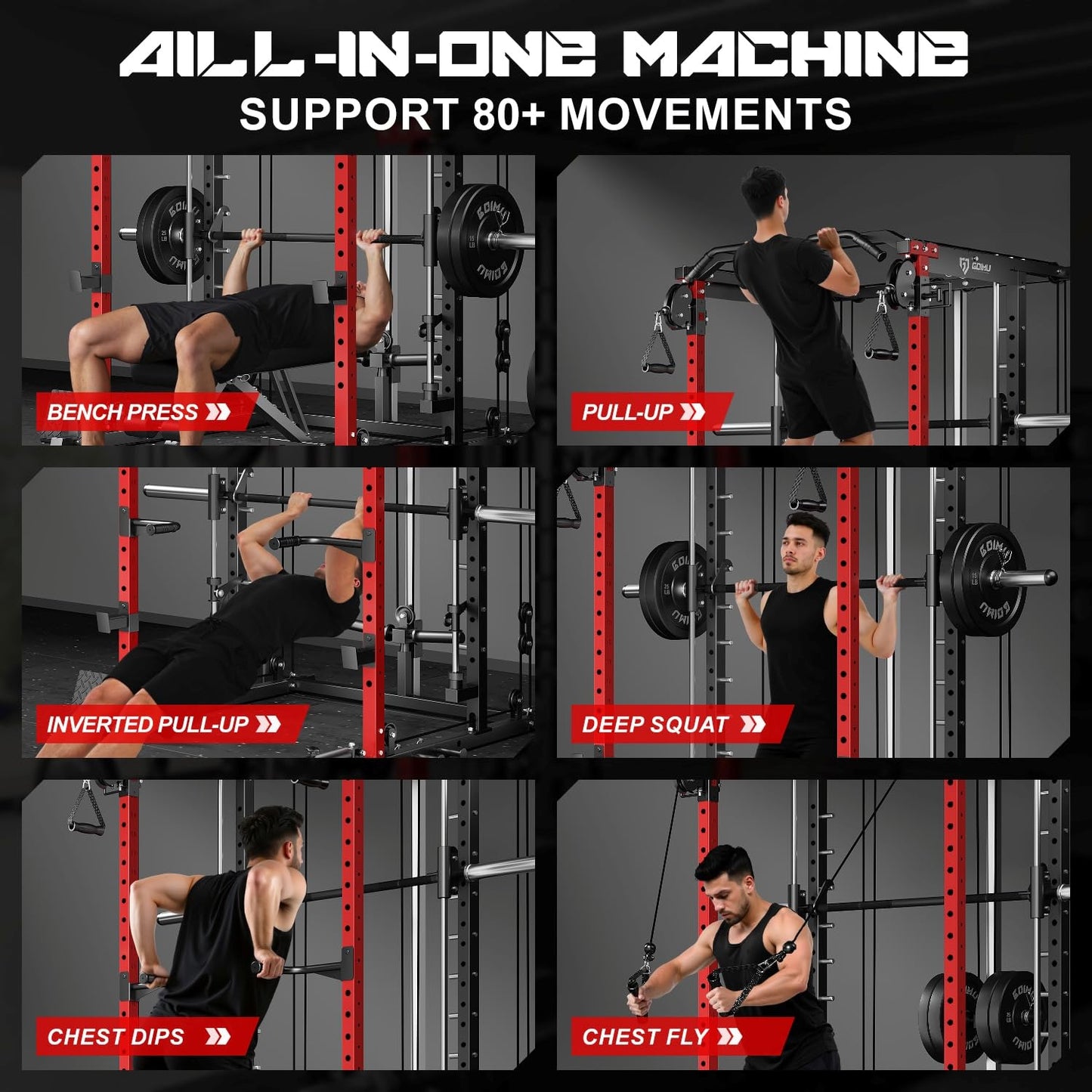 Goimu S1-V4 Smith Machine, 2000LBS Power Cage with Cable Crossover System, All-in-One Squat Rack with Smith Bar, Workout Cage Strength Training Equipment with Attachments (210LB RD Smith Machine)
