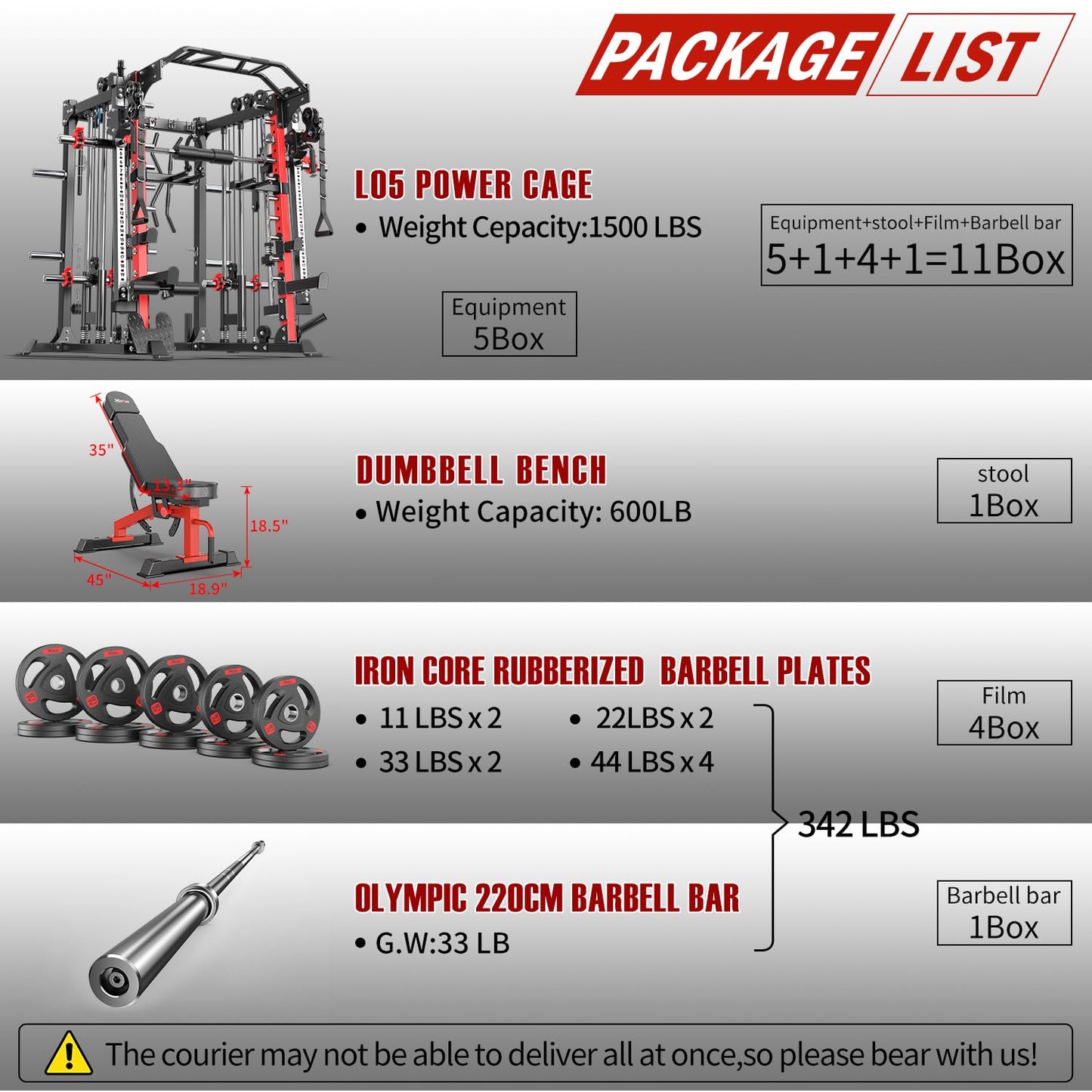 Smith Machine with Cable Crossover System, Multi-Function Squat Rack Power Cage for Home Gym, Power Rack and Packages Weight Sets (Red, L05-Smith Machine+Bench+(Pole+Cast lron) 342LBS)