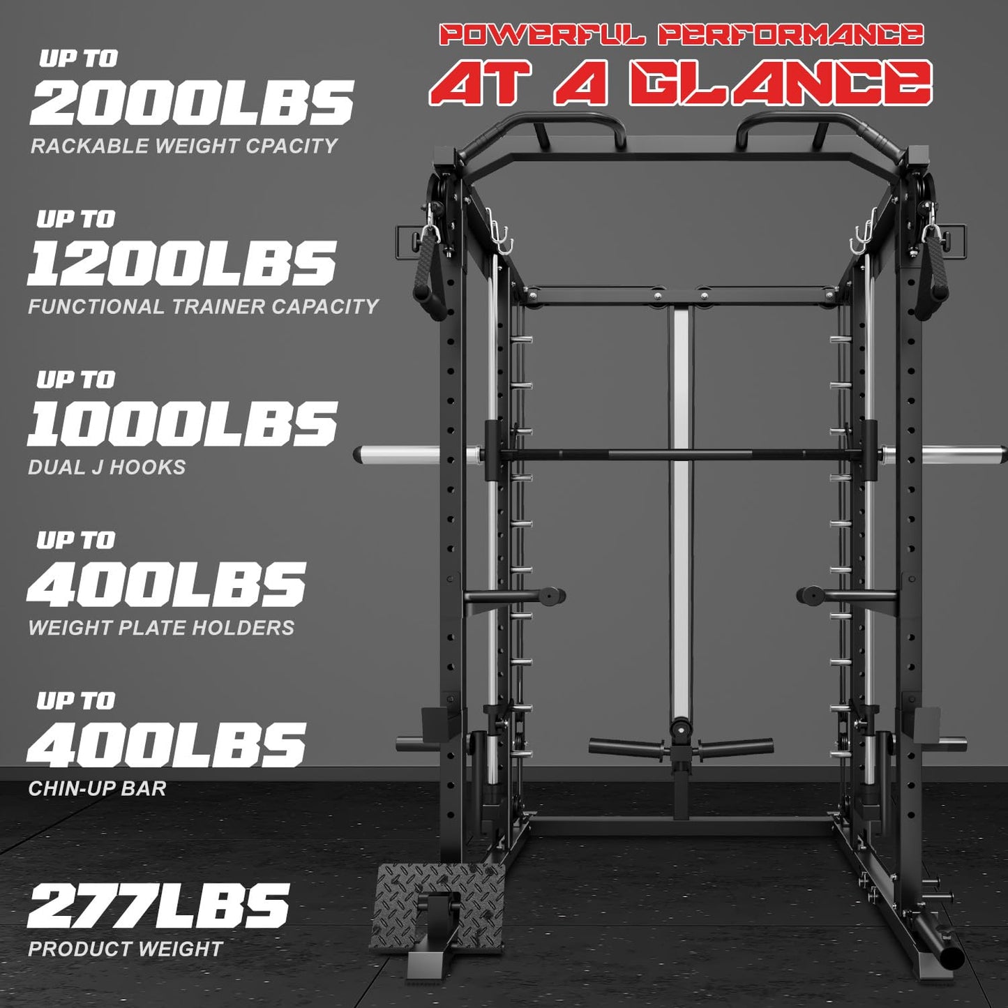 Goimu S1-V4 Smith Machine, 2000LBS Power Cage with Cable Crossover System, All-in-One Squat Rack with Smith Bar, Strength Training Equipment for Hone Gym (Red Smith Machine wiht 220lb Weights)
