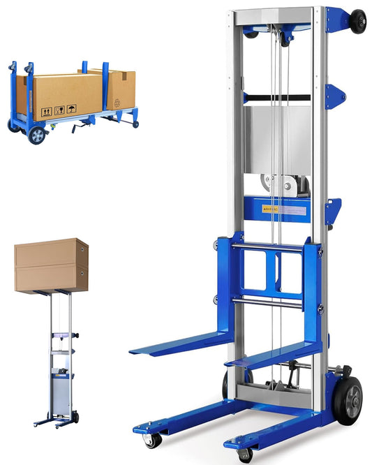 ELOMBR 122" Material Lift Winch Stacker, 400 lbs Capacity Manual Material Lifts, Fixed Straddle Material Lifter, Hand Winch Lift Trucks for Warehouse, Factory, Lightweight, 34.60" L x 24.80" W, Blue
