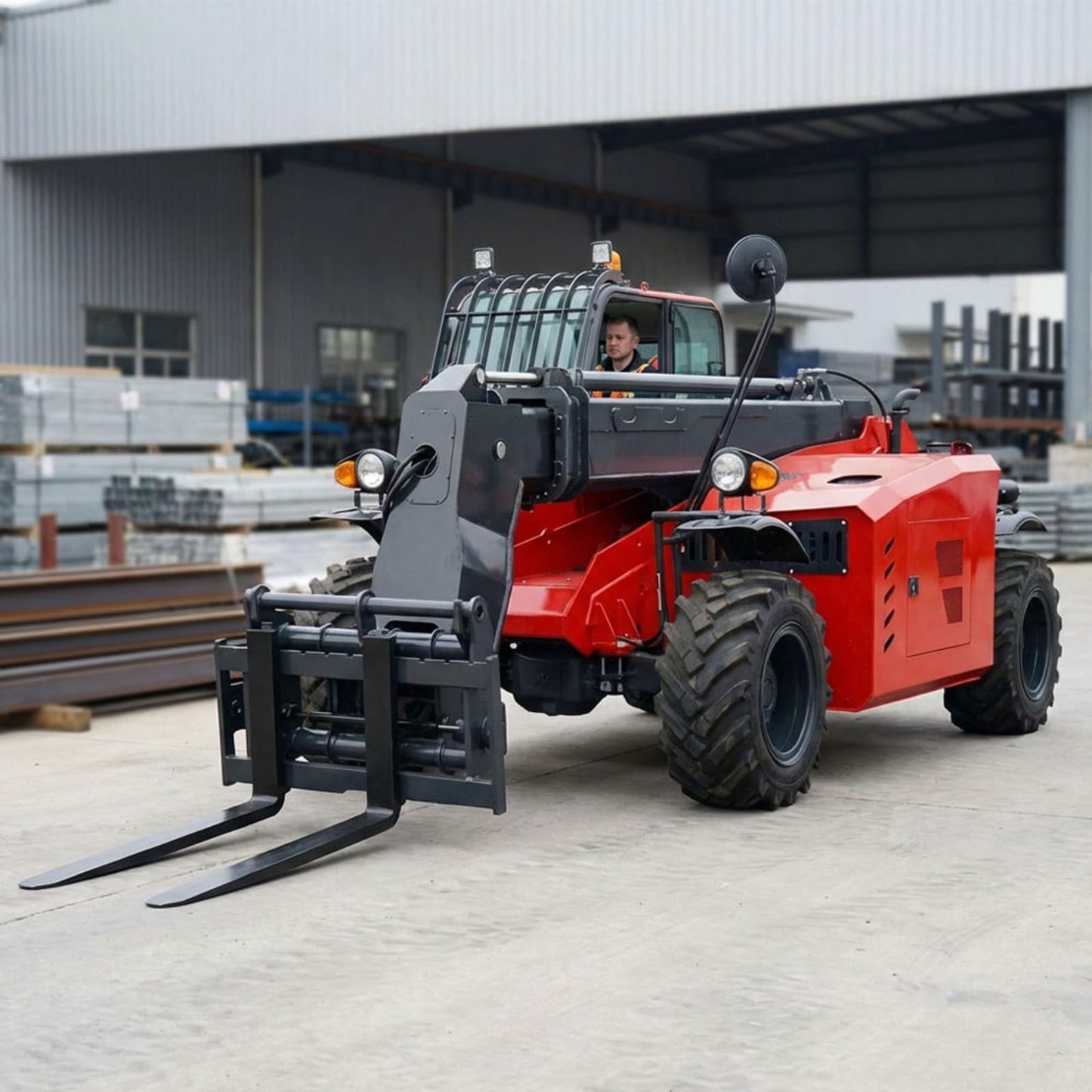 All Terrain Telehandler Forklift for Warehouse and Farm Material Handling, Telescopic Reach Lifting Equipment with Enclosed Cab for Outdoor Construction Tasks