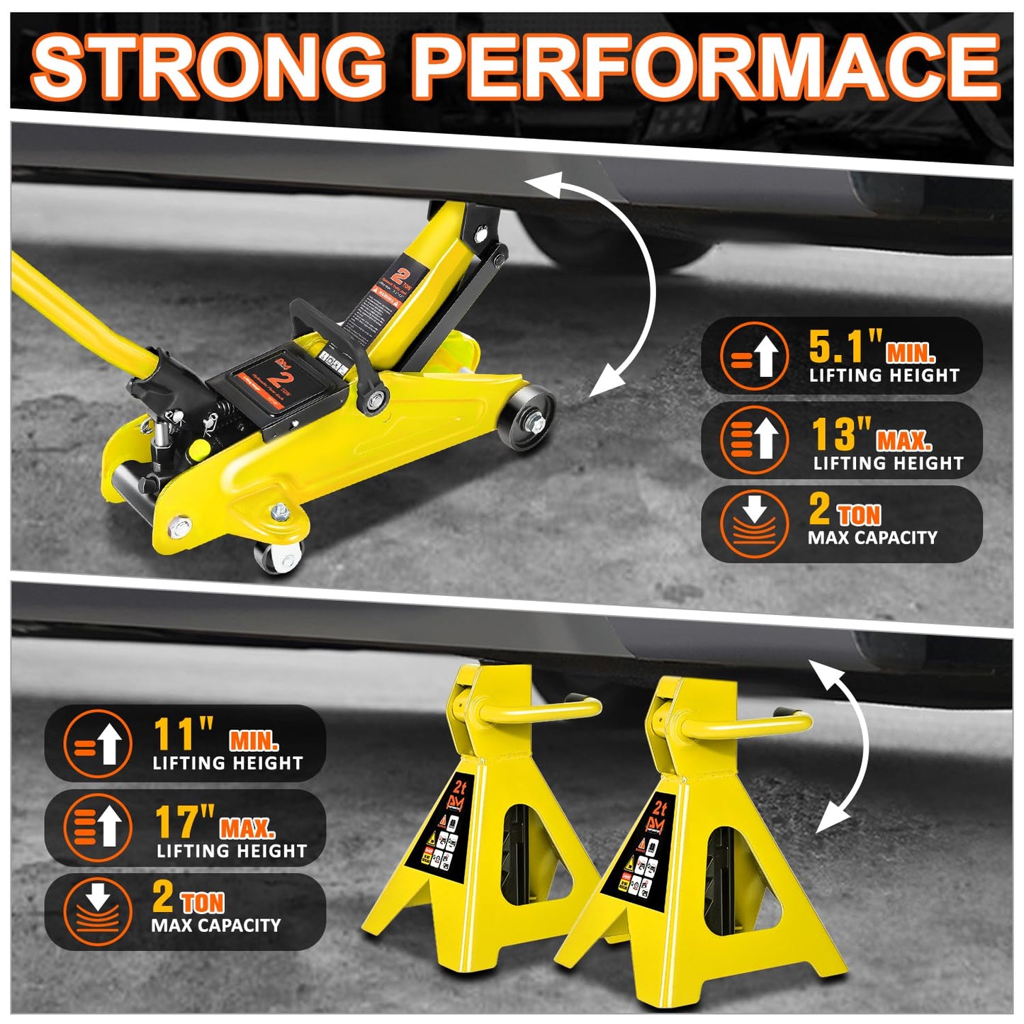 PM PERFORMOTOR Low Profile Hydraulic Trolley Service/Floor Jack Combo with 2 Ratchet Jack Stands, 2 Ton (4000 lbs) Capacity, Yellow,PM-TOL-FJ3P-YL