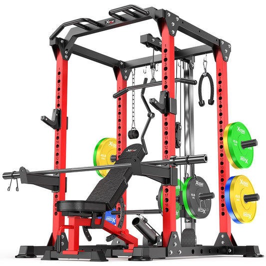 Power Rack Power Cage Multi-Function Squat Rack with Cable Crossover System Selectable More Training Attachment Power Rack for Garage & Home Gym (Red, D Set L01+Weight Bench+（Pole+Color BP） 258LBS)