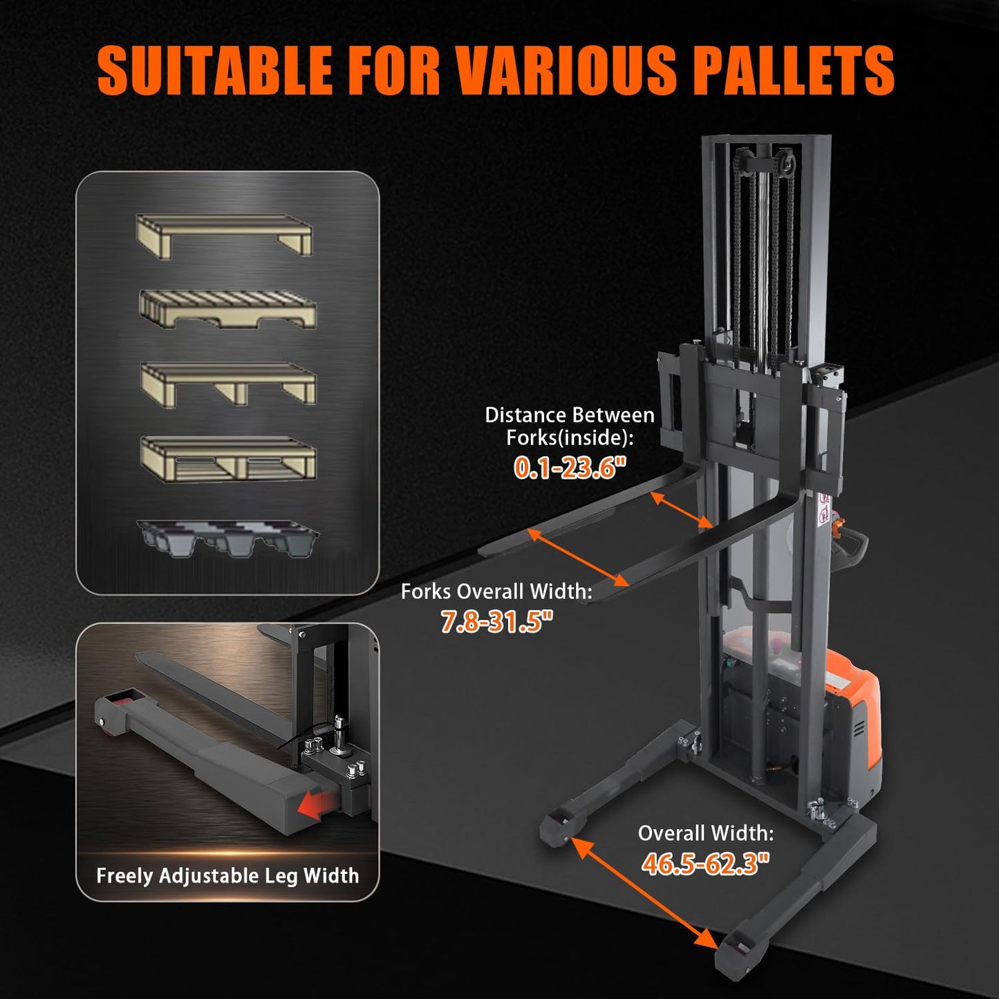 Tory Carrier Full Electric Pallet Stacker, Pallet Forklift, 3300 lbs Capacity, 118" Height Material Lifts, Straddle Legs & Forks Lift, Upgraded Maintenance-Free Gel Battery for Narrow Spaces