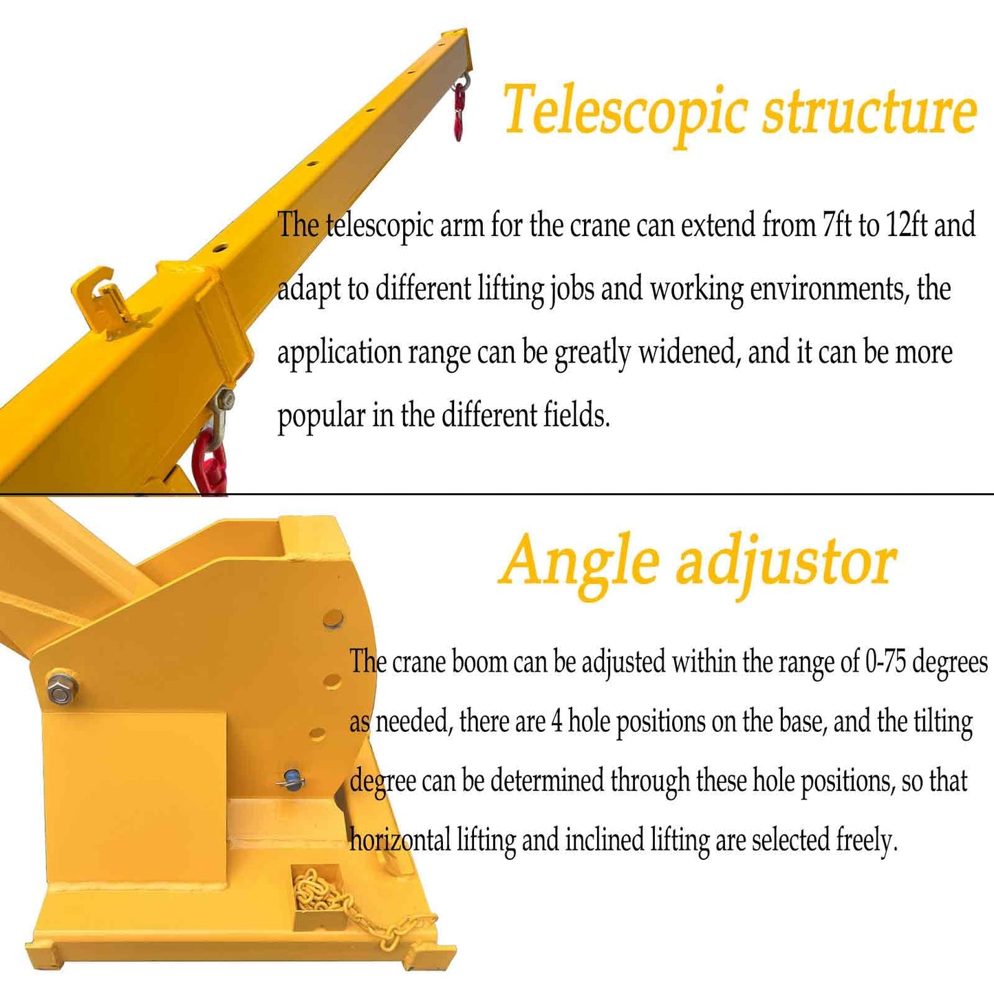 BEILOCKERY 2T/4400LBS Forklift Telescopic Arm with Adjustable Tilt Angle 0-75°, 7-12FT Mobile Crane Lifting Hoist Truss Jib Boom with Hook, Multi-Functional Accessories for Forklifts Cranes