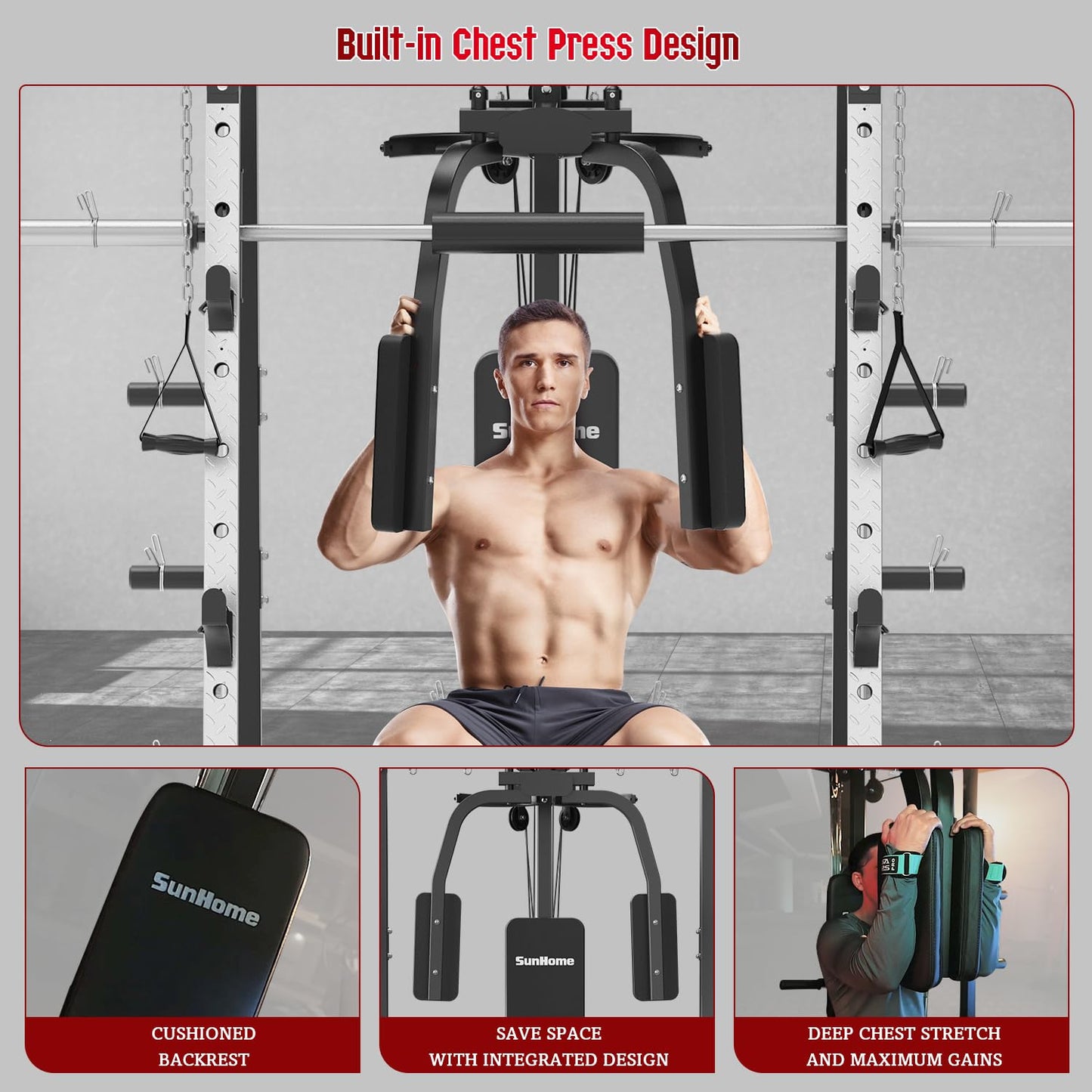SunHome Smith Machine, Power Cage Squat Rack with Smith Bar, Two LAT Pull-Down Systems, Cable Crossover Machine and More Cable Attachment for Home Gym