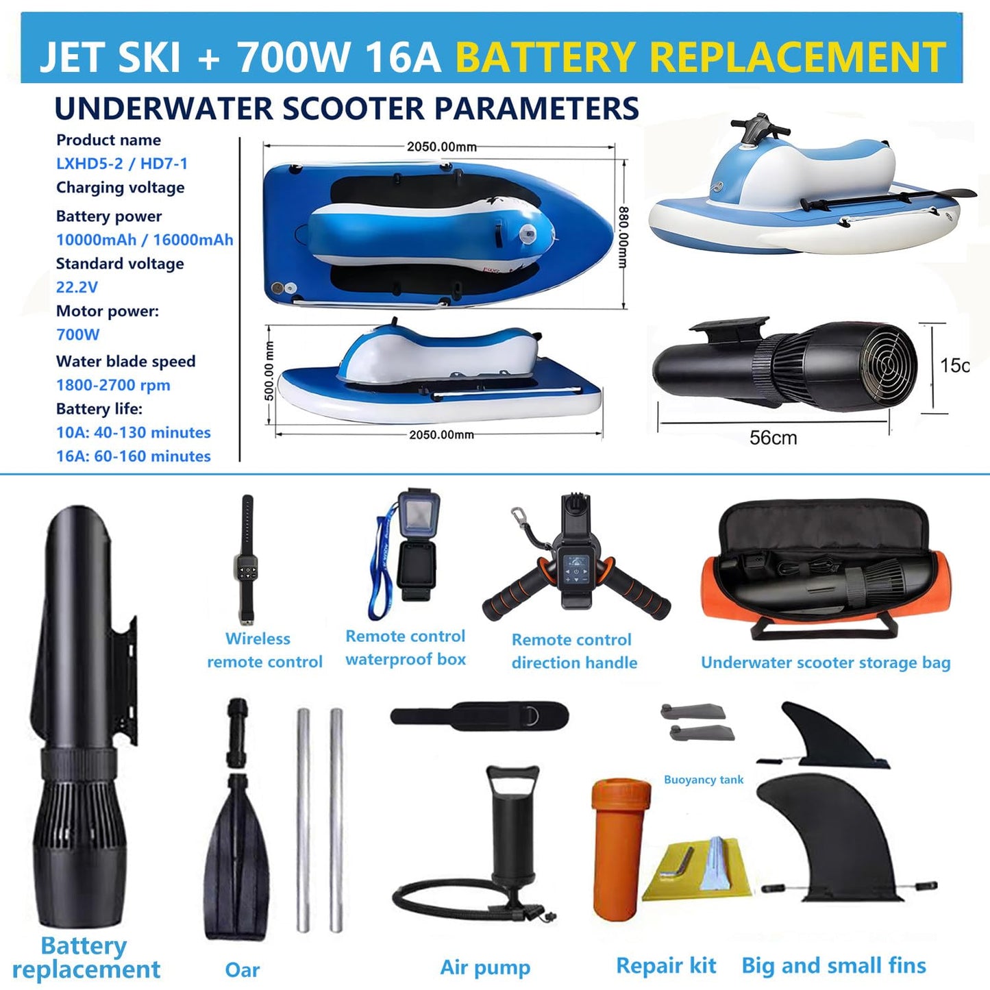 Electric Rush Wave Surf Boat Jet Ski with 500W/700W Underwater Propeller, with Diving Handle/Thruster Storage Bag, 9-speed Adjustment, Max Load Cap. 485 lbs, for Sea Diving & Water Sports 700WPRO16A