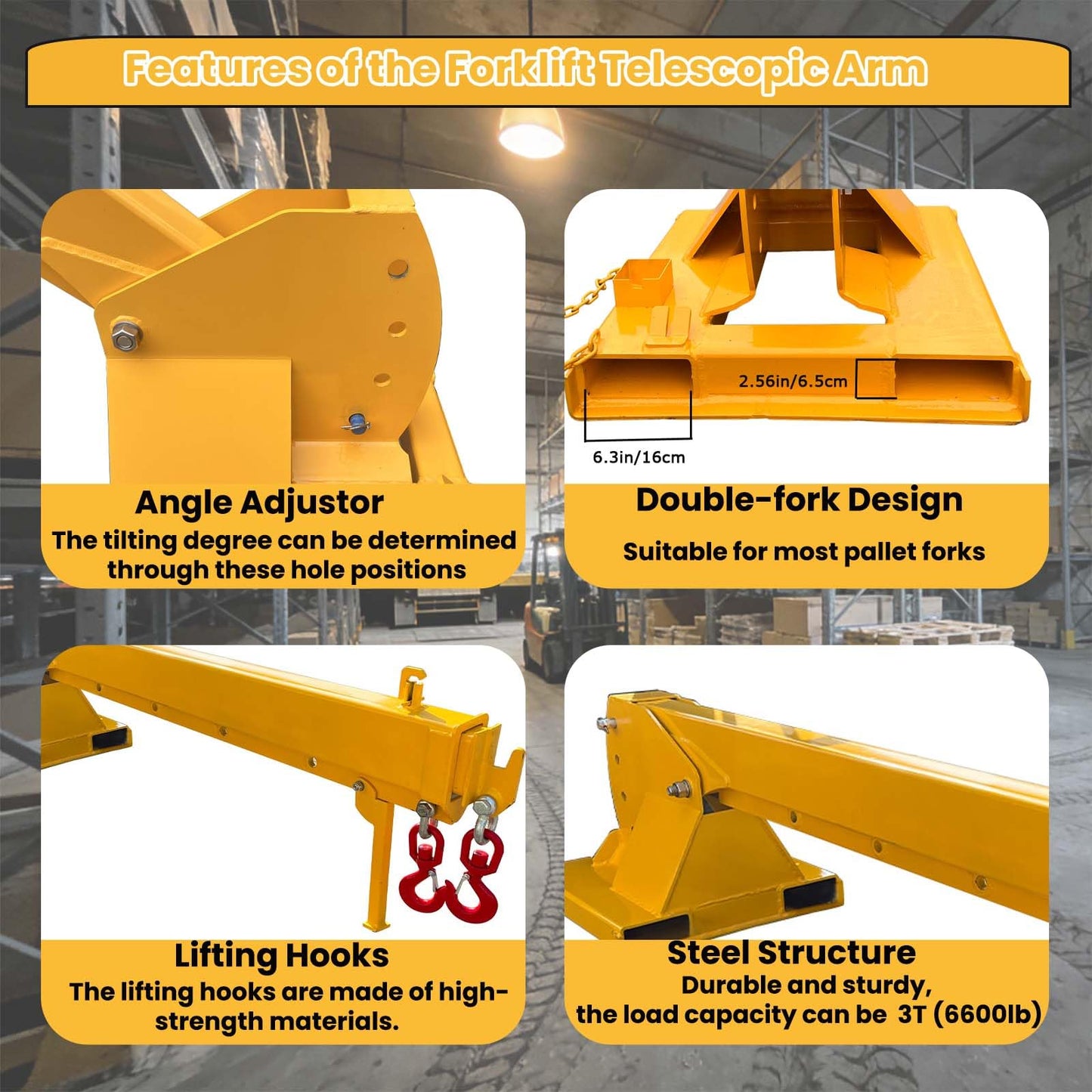 BREVELTION 6600LB Forklift Mobile Crane, 12FT Maximum Extension Arm Attachments, Adjustable Angle Jib Boom Crane, W/Telescopic Boom and Hook, for Forklift Towing Handling