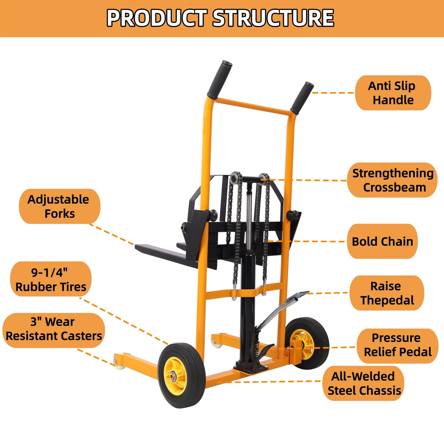 Manual Forklift Pallet Stakcer, 440 Lbs Capacity Hydraulic Material Lift, 35.5" Lift Height, Mobile Pallet Truck Dolly Stacker with Adjustable Forks and Fixed Legs, Yellow