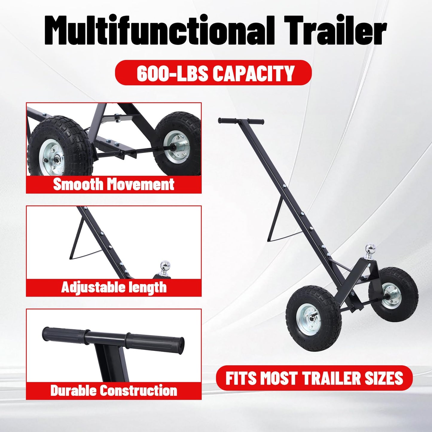 600 LB Load Capacity Trailer Dolly, Heavy Duty 2-Wheel Hand Trailer Mover with 1-7/8" Hitch Ball, Dual 10” Pneumatic Tires for RV, Boat & Utility Trailers