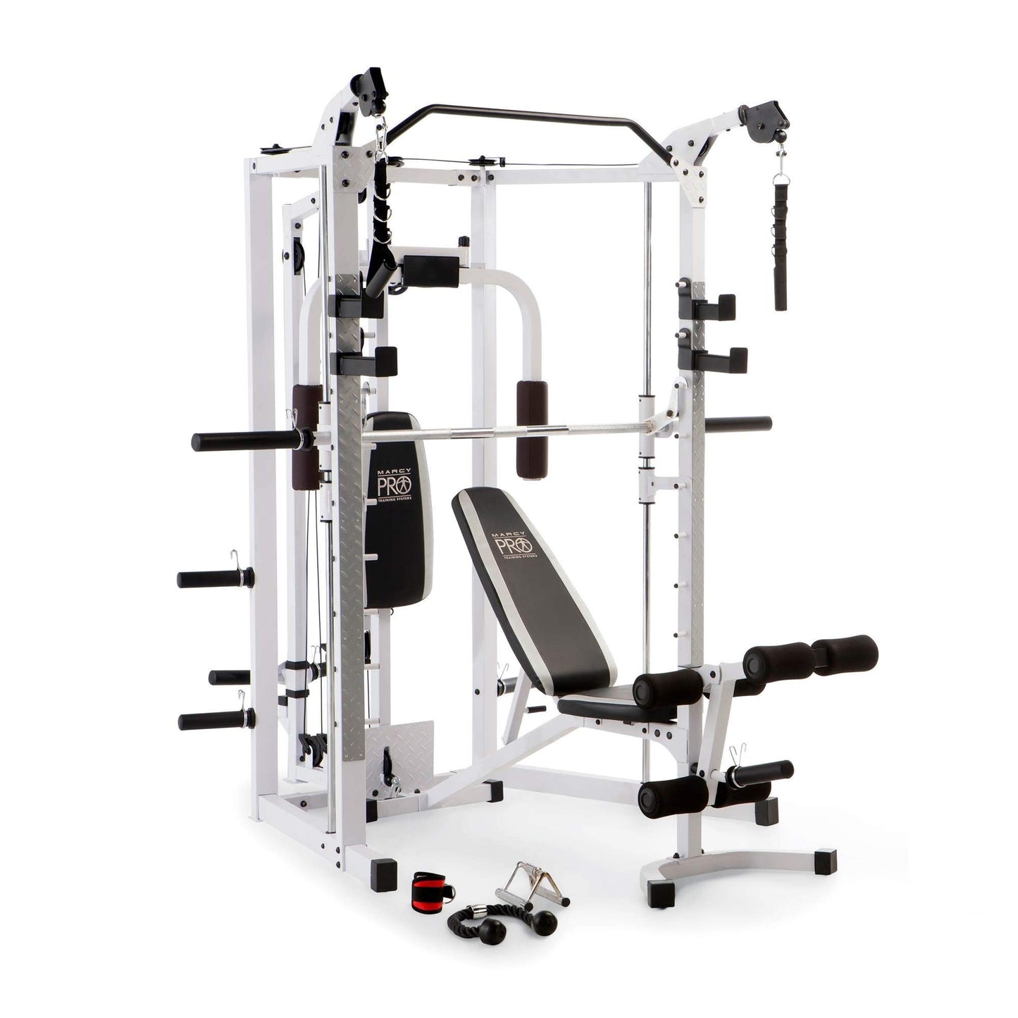 Marcy Combo Smith Cage Machine Full Body Training Home Gym System with Leg Developer, Padded Workout Bench, and Strength Training Weight Bar, White