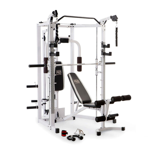 Marcy Combo Smith Cage Machine Full Body Training Home Gym System with Leg Developer, Padded Workout Bench, and Strength Training Weight Bar, White
