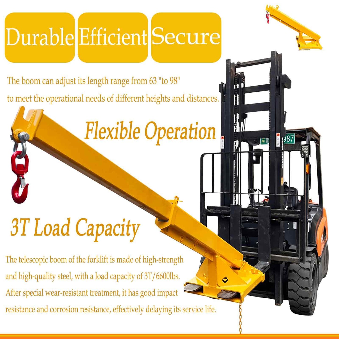 BEILOCKERY 3T/6600LBS Adjustable Mobile Crane Lifting Hoist Truss Jib Boom with Hook, 63"-98" Telescopic Arm, Multi-Functional Accessories for Forklifts Cranes