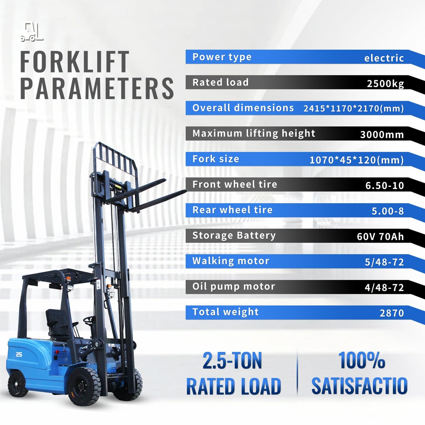 2.5 Ton Electric Forklift Pallet Stacker, Compact Forklift Capacity Heavy Duty Industrial Material Handler for Warehouse Factory Logistics Lead Acid Battery Powered, Moved Sideways (Blue)
