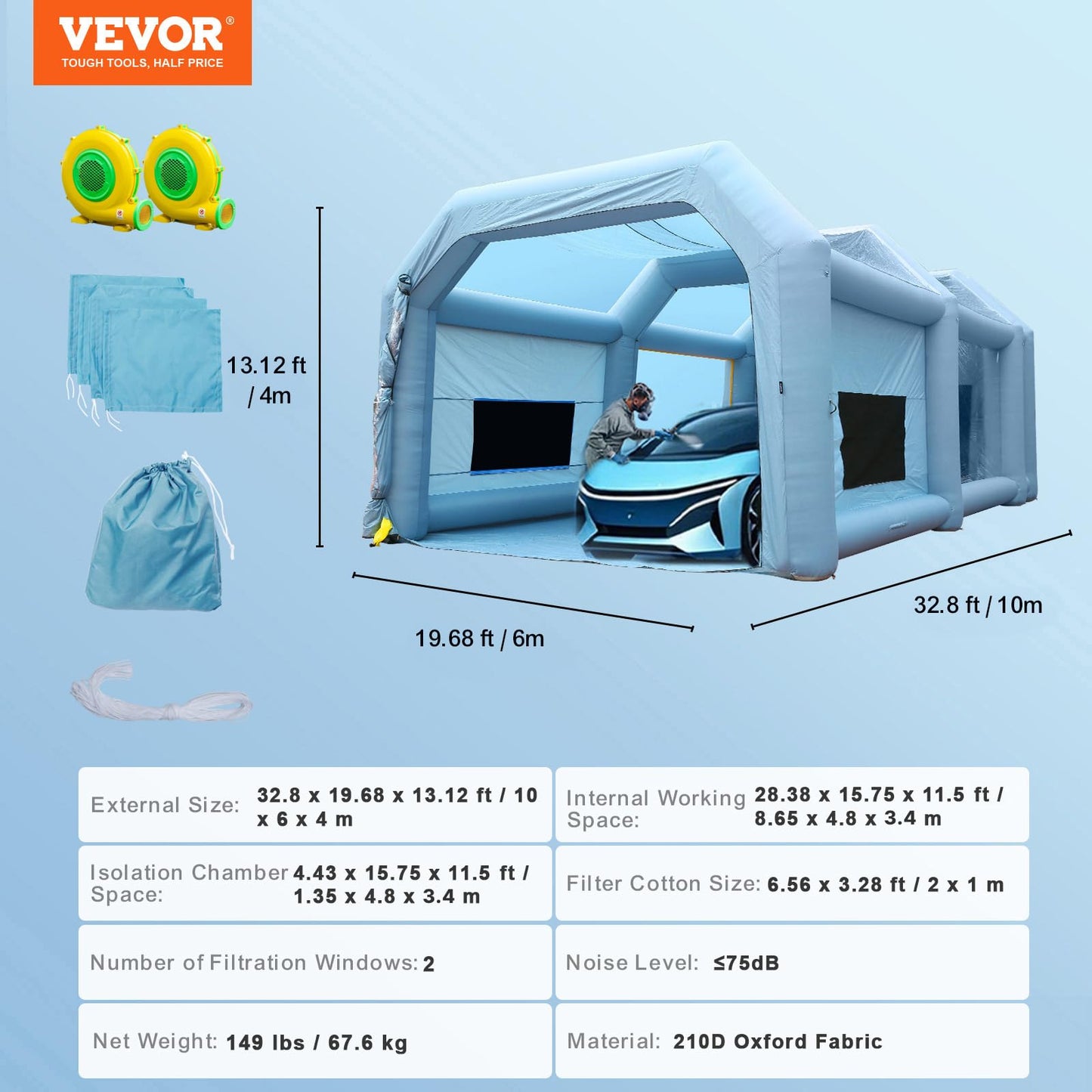 VEVOR Inflatable Booth for Cars Trucks Large Spray Tent with High Powerful 950W+1100W Two Blowers, 33x20x13ft Painting Shelter with Air Filter System, Blue