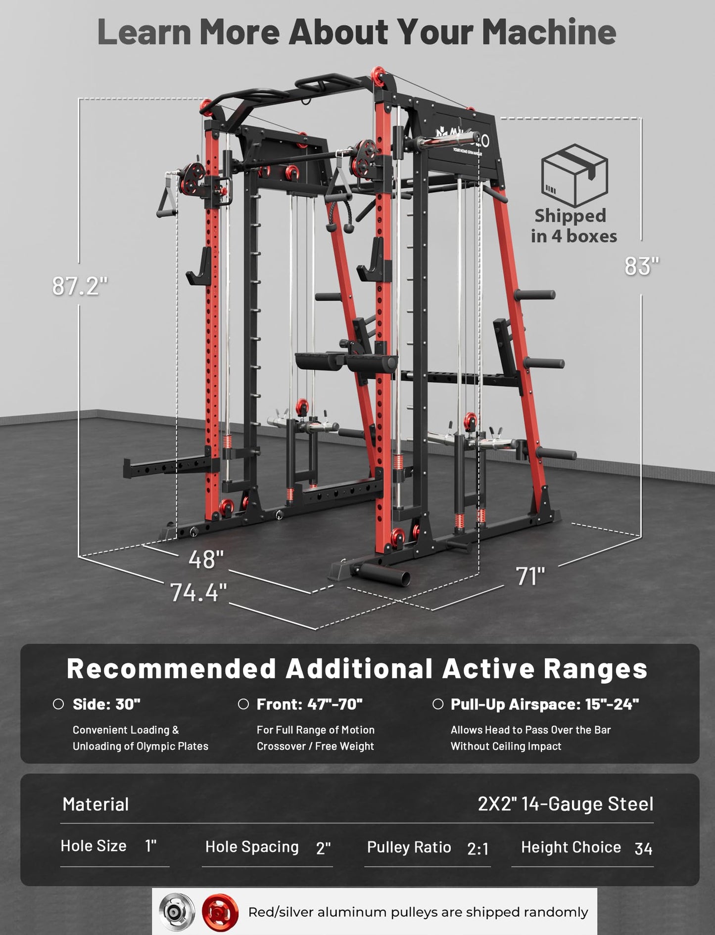 Mikolo Smith Machine, 2200lbs Squat Rack with LAT-Pull Down System & Cable Crossover Machine, Multi-Function Power Cage, Red