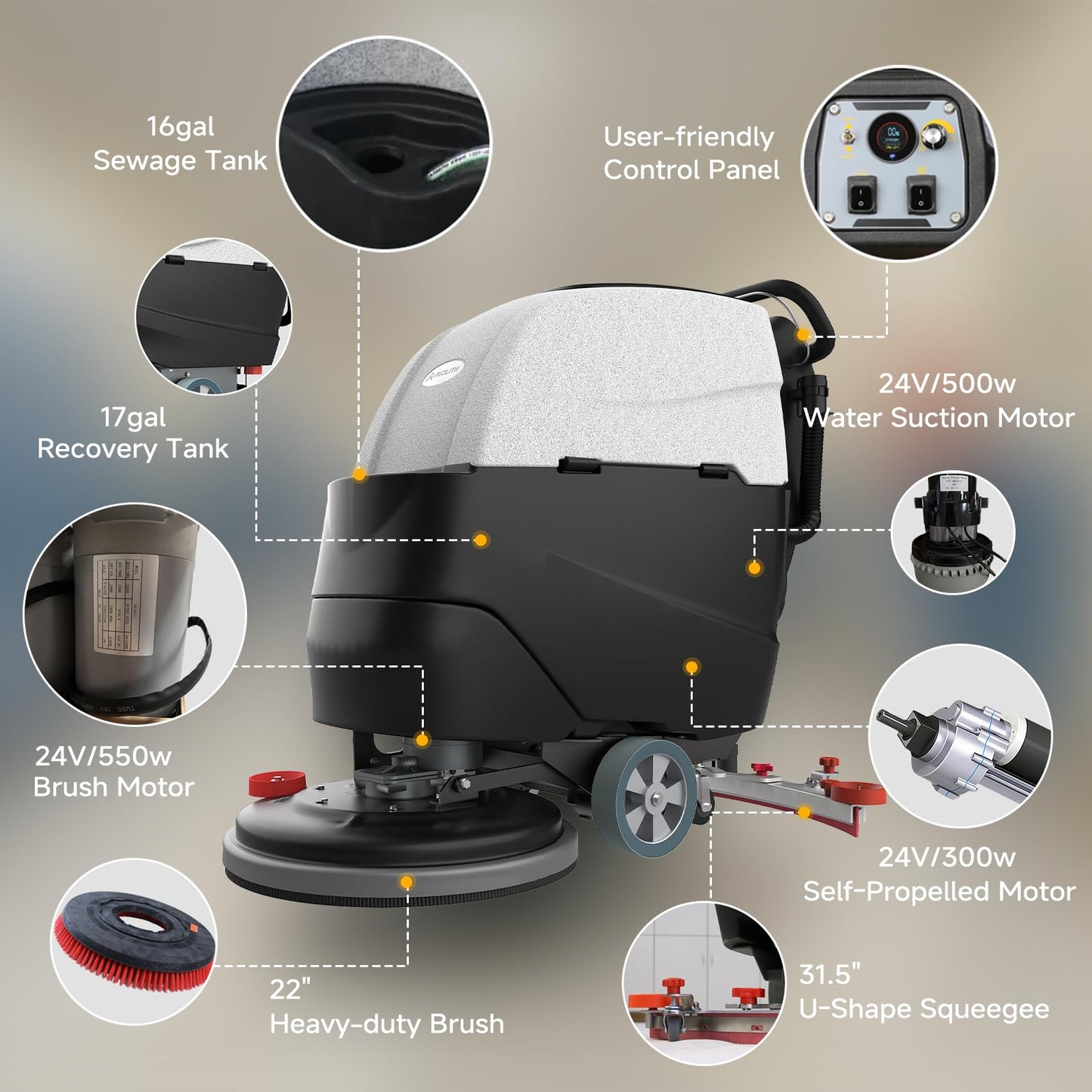 AIOLITH AF2217 Self-Propelled Auto Floor Scrubber with Traction Drive, 22" Path, 17-Gal Tank, Up to 38,000 ft²/h, Lithium Battery for Warehouses, Schools, Hospitals, Airports