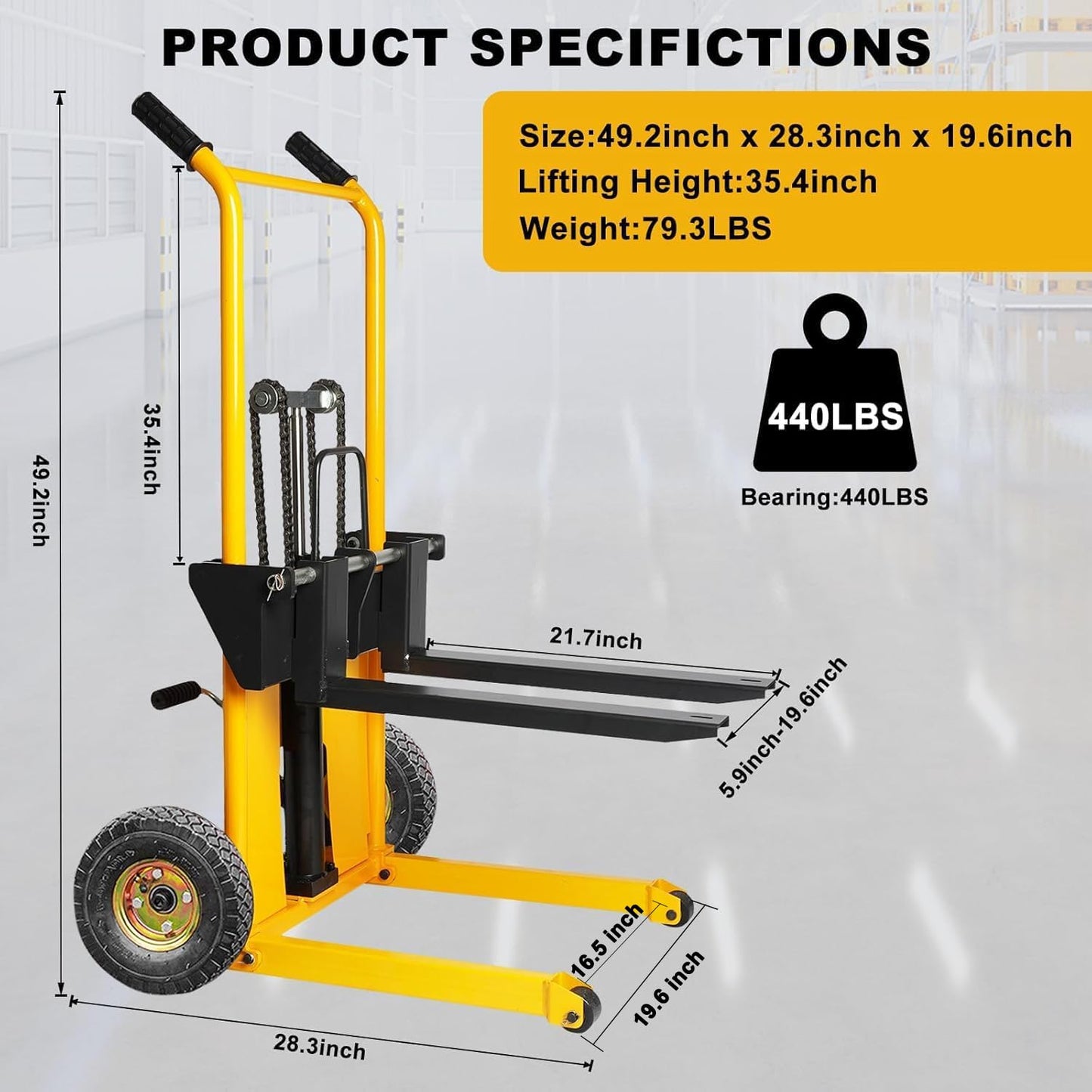 Legines Foldable Hydraulic Material Lift Manual Lift Stacker Forklift Pallet Stakcer 450 lbs Capacity 36" Lift Height with Adjustable Forks and Fixed Legs (Pneumatic Tire Wheel)