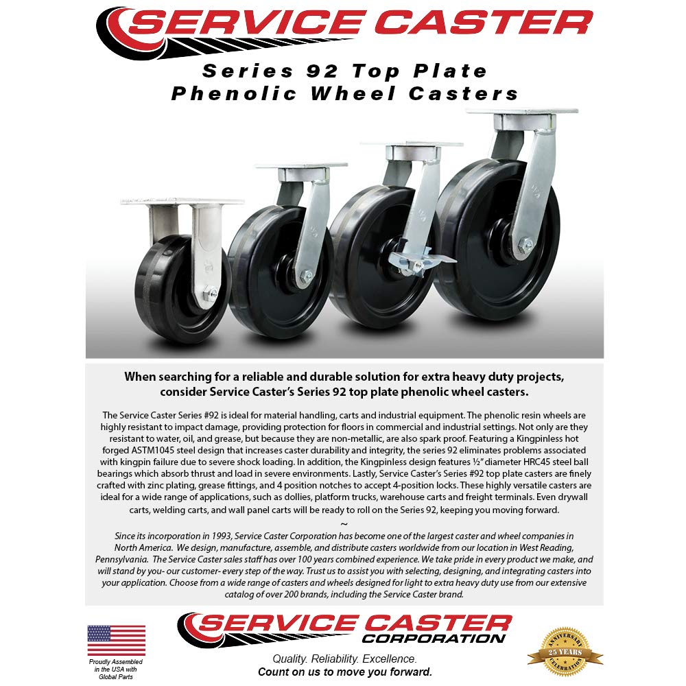 Extra Heavy Duty Kingpinless 6” x 3” Phenolic Swivel Caster Set for Cranes, Gantries, Hoists, and Winches - 4 Swivel Casters with Bolt-On Locks - 2,000 lbs Per Caster – Set of 4- Service Caster Brand