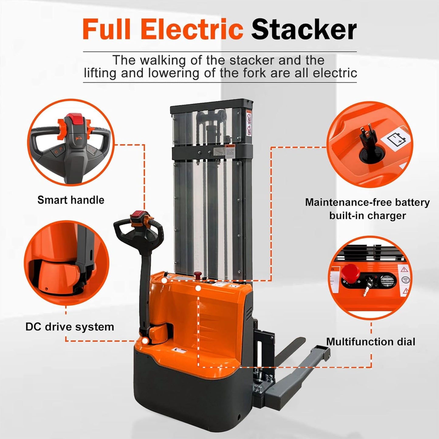 Tory Carrier Full Electric Walkie Pallet Stacker with Straddle Legs 2640lbs Capacity Material Lift 118”Height
