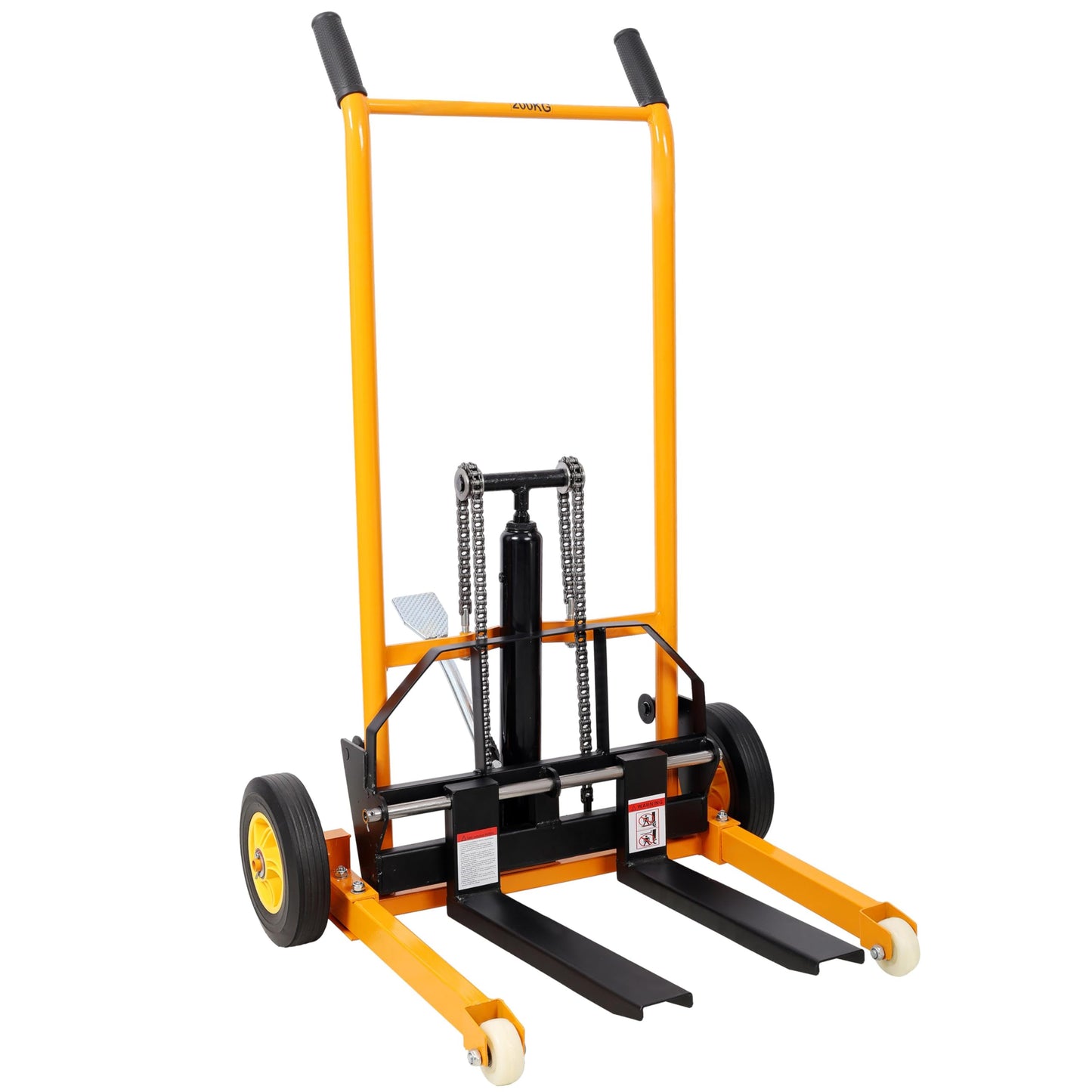Hydraulic Manual Forklift Pallet Stacker Forks 440 lbs Load Capacity Steel Material with Swivel Casters Rear Rubber Tires 30" x 26" x 49.25"H Heavy Duty Dolly Hand Truck Transporter Yellow