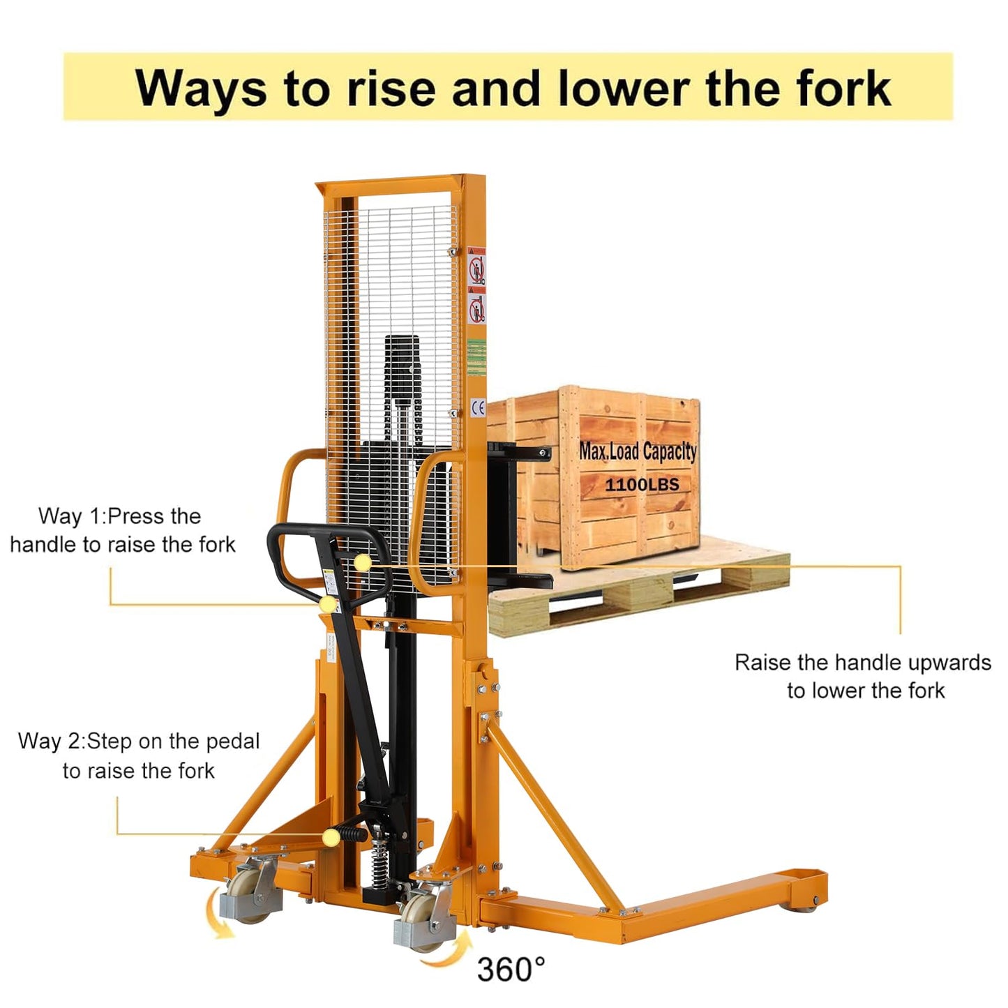 APOLLOLIFT Manual Pallet Stacker with Straddle Legs 1100lbs Capacity 63" Lift Height Adjustable Forks